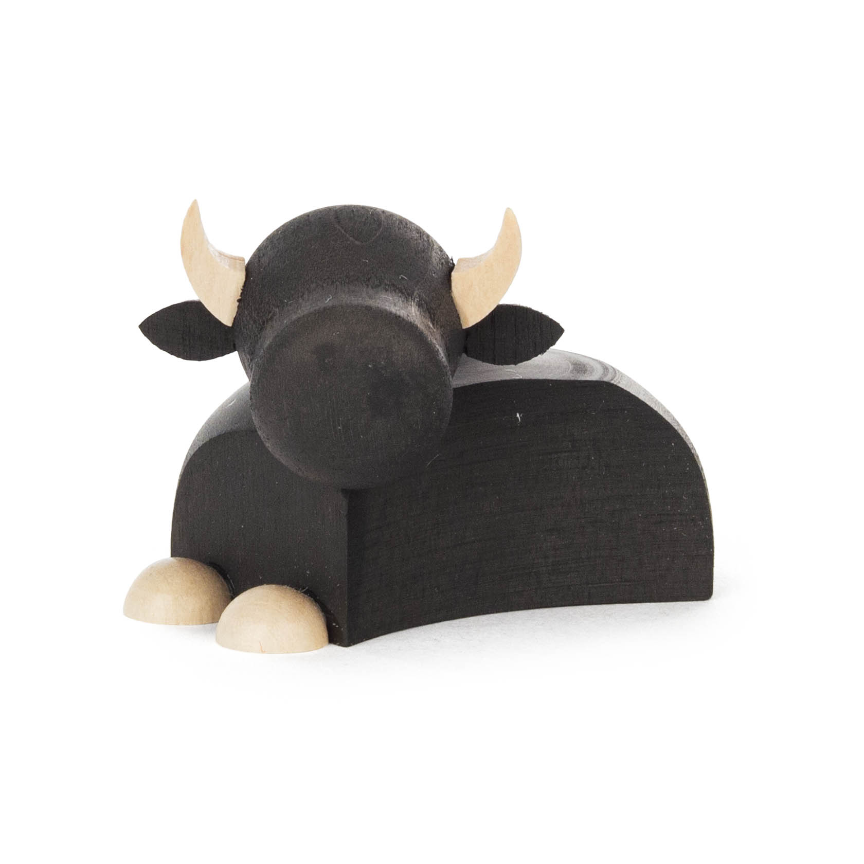 Moderne, kleine Dekorationsfigur eines Ochsen in Natur und Anthrazit, mit klaren, minimalistischen Formen und hellen Hörnern sowie Hufen.