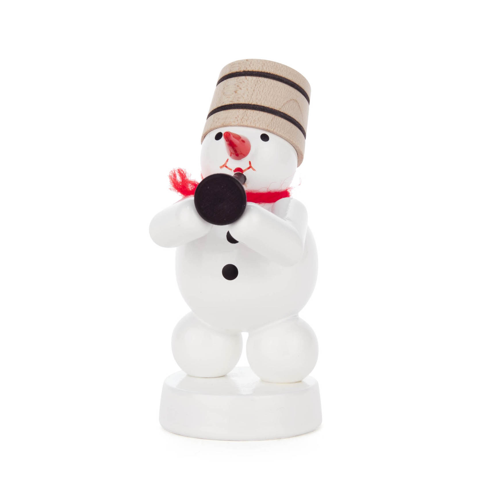 Ein Holz-Schneemann mit roter Nase und rotem Schal spielt eine Klarinette. Auf seinem Kopf trägt er einen Zylinderhut mit Holzmuster. im Dregeno Online Shop günstig kaufen