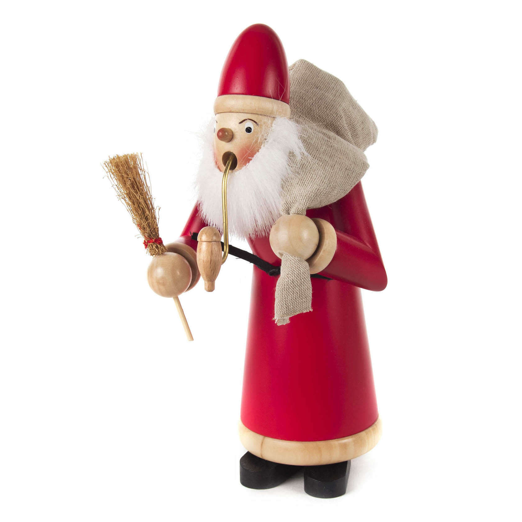 Räuchermann in Form des Ruprecht mit rotem Mantel und roter Mütze, Häkchen mit Pfeife im Mund und kleinem Besen in der rechten Hand. im Dregeno Online Shop günstig kaufen
