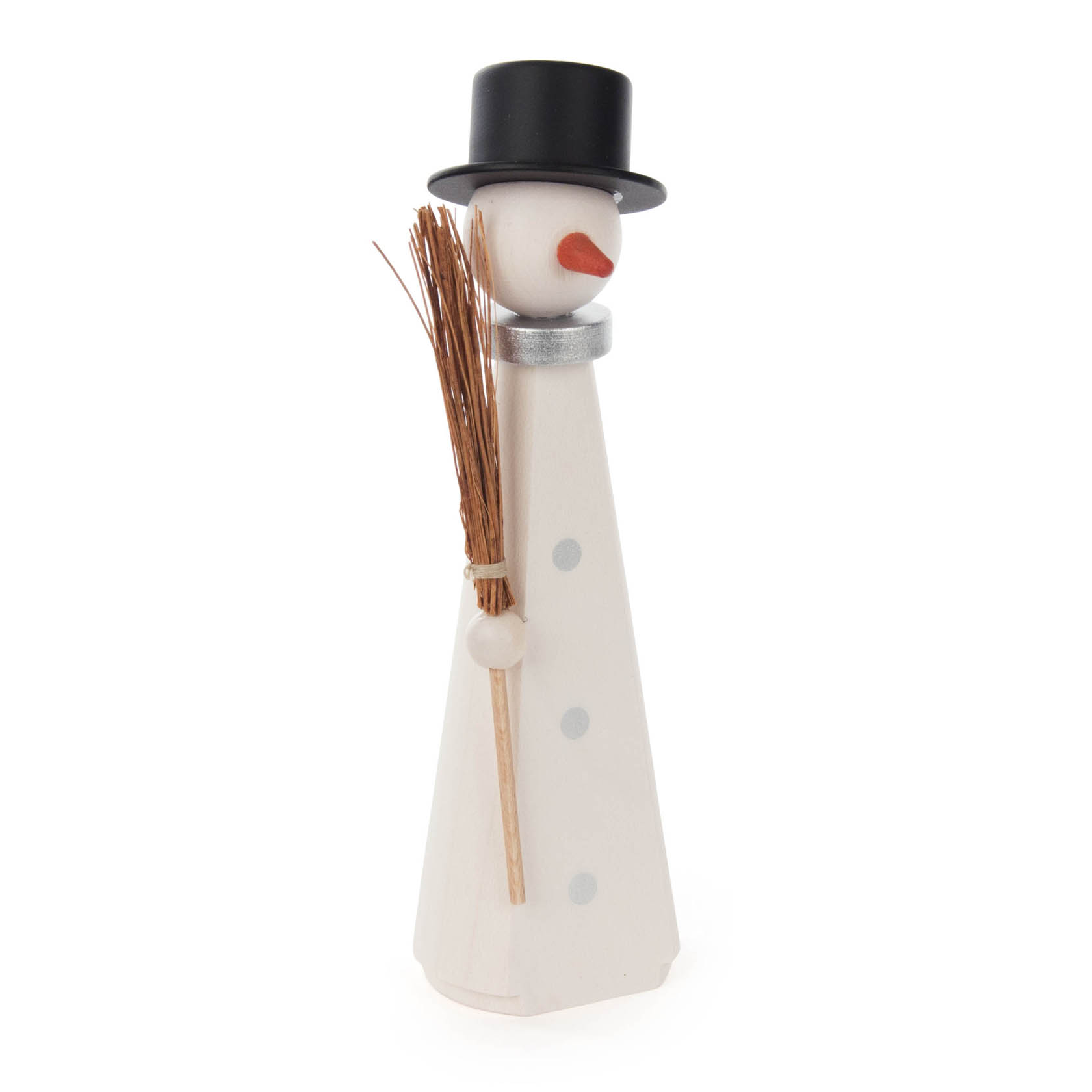 A minimalist wooden snowman figurine with a top hat, carrot nose, silver scarf, and a small broom in its hand. im Dregeno Online Shop günstig kaufen