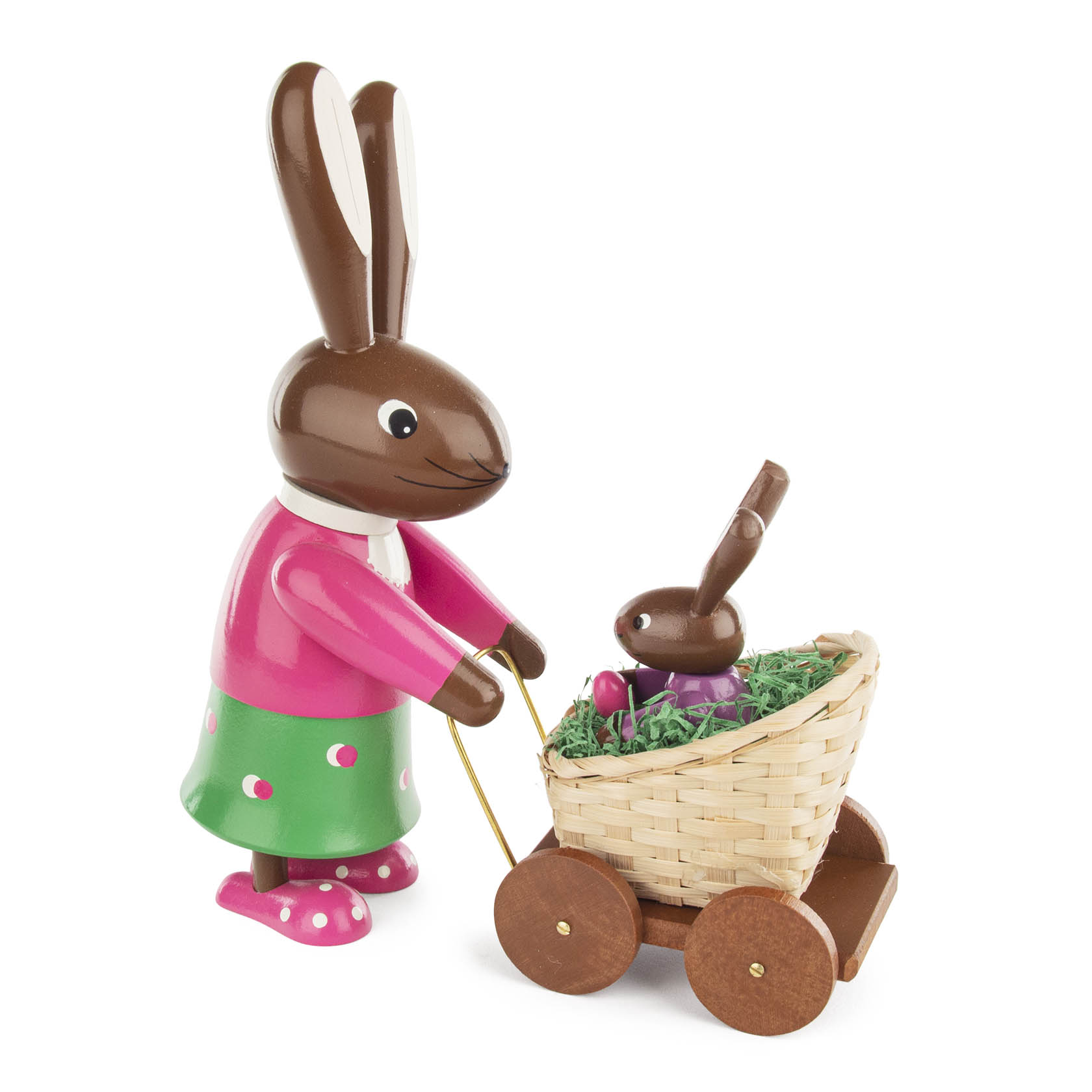 Eine hölzerne, bemalte Häsin in rosa und grüner Kleidung hält einen Kinderwagen mit einem kleinen Hasen darin. im Dregeno Online Shop günstig kaufen