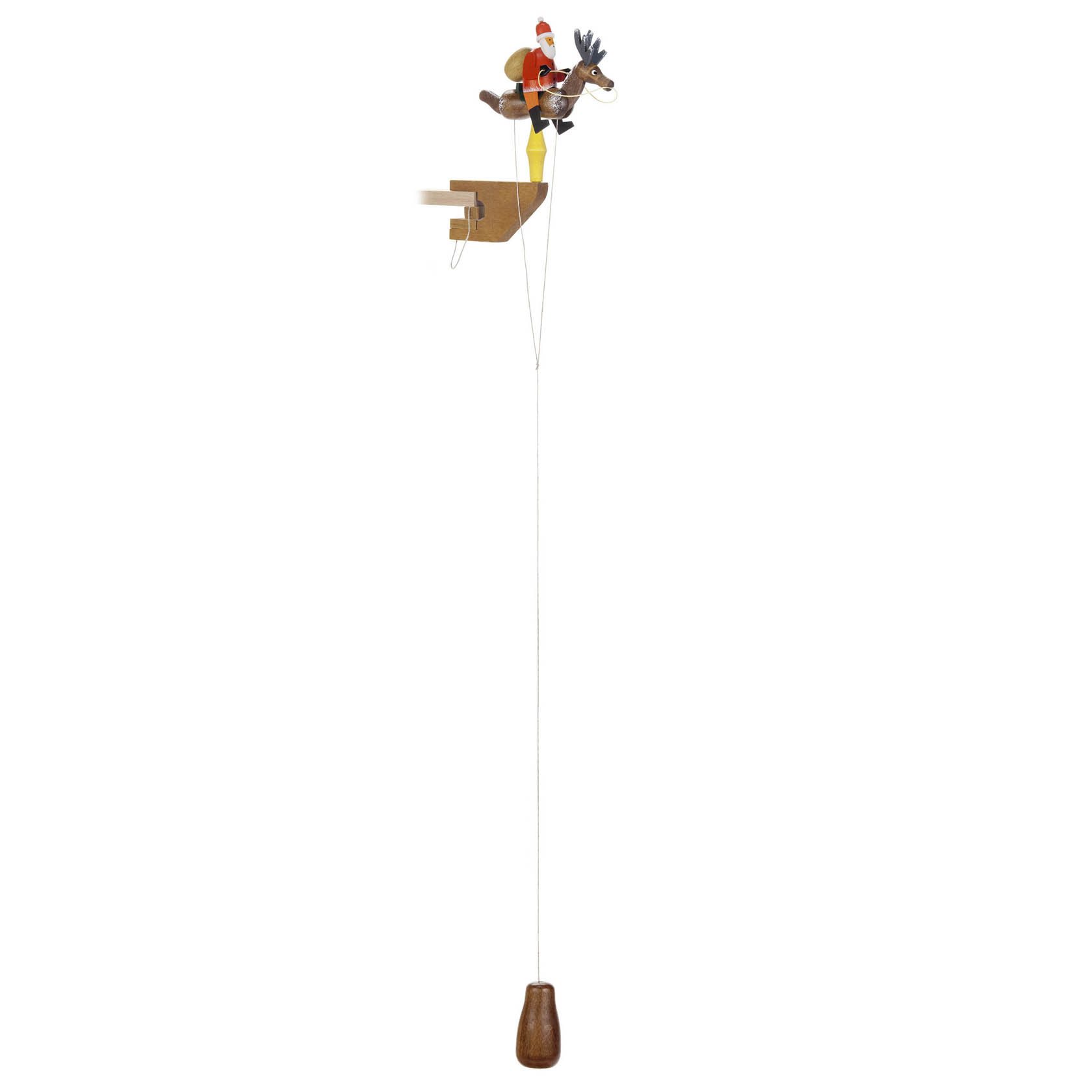 Ein Pendel aus Holz mit einem Weihnachtsmann, der auf einem Rentier reitet. Das Pendel ist lang und am unteren Ende mit einem Gewicht versehen. im Dregeno Online Shop günstig kaufen