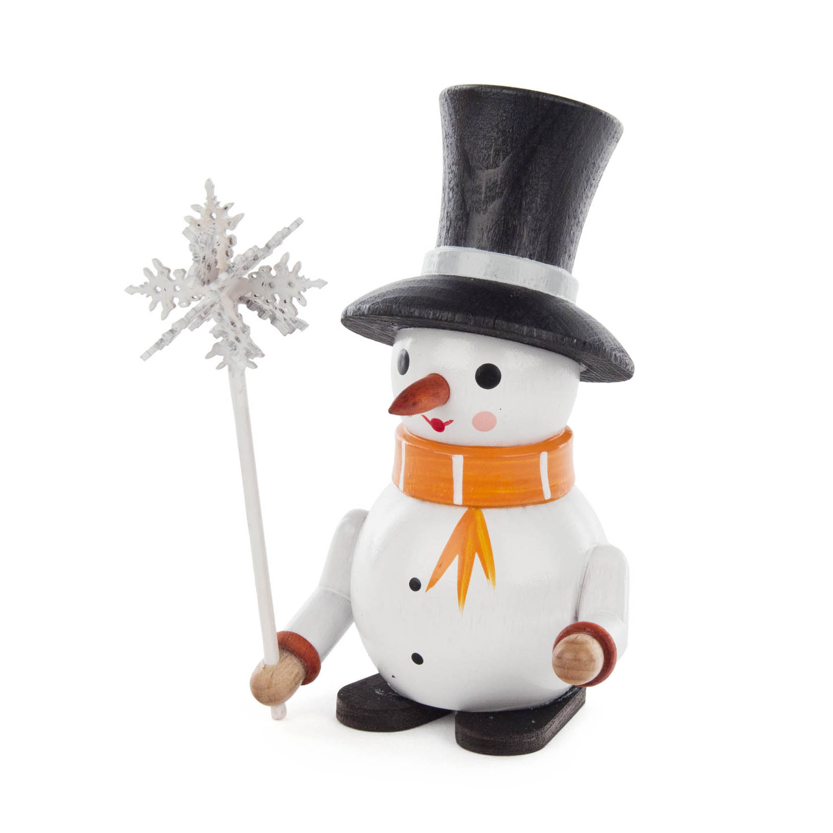Holzfigur eines Schneemanns namens Gustav, mit einem schwarzen Zylinder, orangem Schal und einem Schneekristall in der Hand. im Dregeno Online Shop günstig kaufen