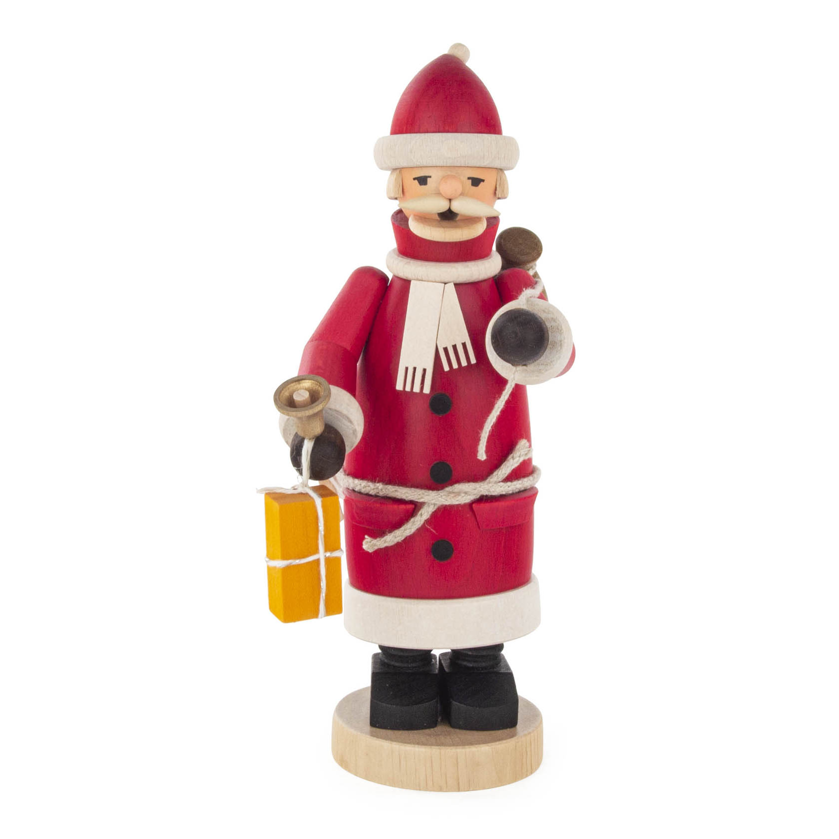Traditioneller Räuchermann als Weihnachtsmann mit rotem Mantel, weißem Bart und Mütze, hält Pfeife und Geschenk in den Händen. im Dregeno Online Shop günstig kaufen