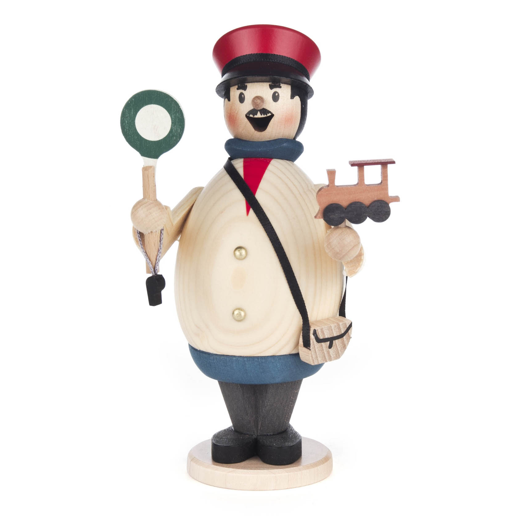 Wooden smoking man figurine dressed as a cheerful train conductor with a red cap and blue scarf, holding a round sign and a small train model. im Dregeno Online Shop günstig kaufen