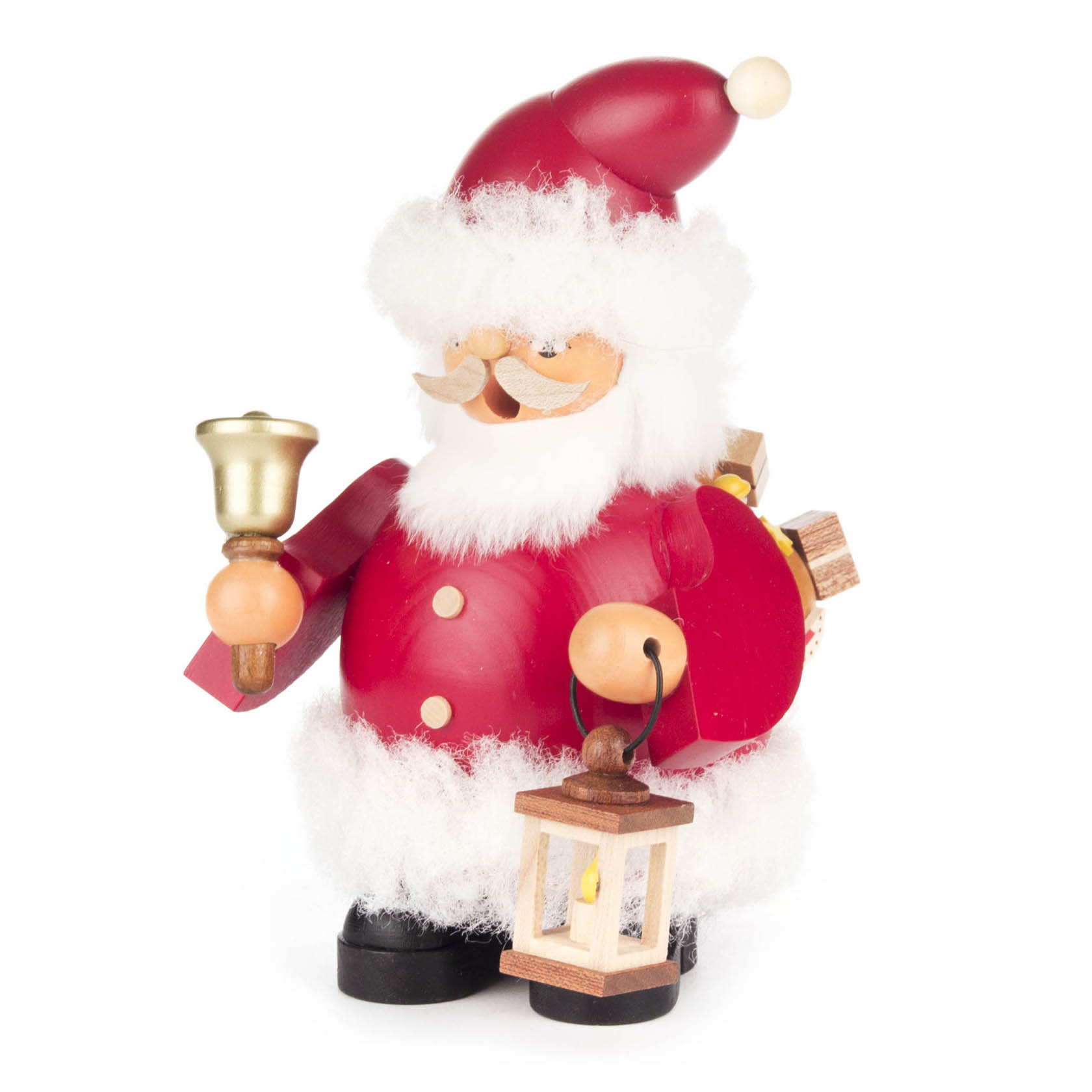 Ein traditioneller Räuchermann in Form eines Weihnachtsmannes mit rotem Mantel, weißem Bart und Mütze. Er hält eine Glocke und eine Laterne. im Dregeno Online Shop günstig kaufen