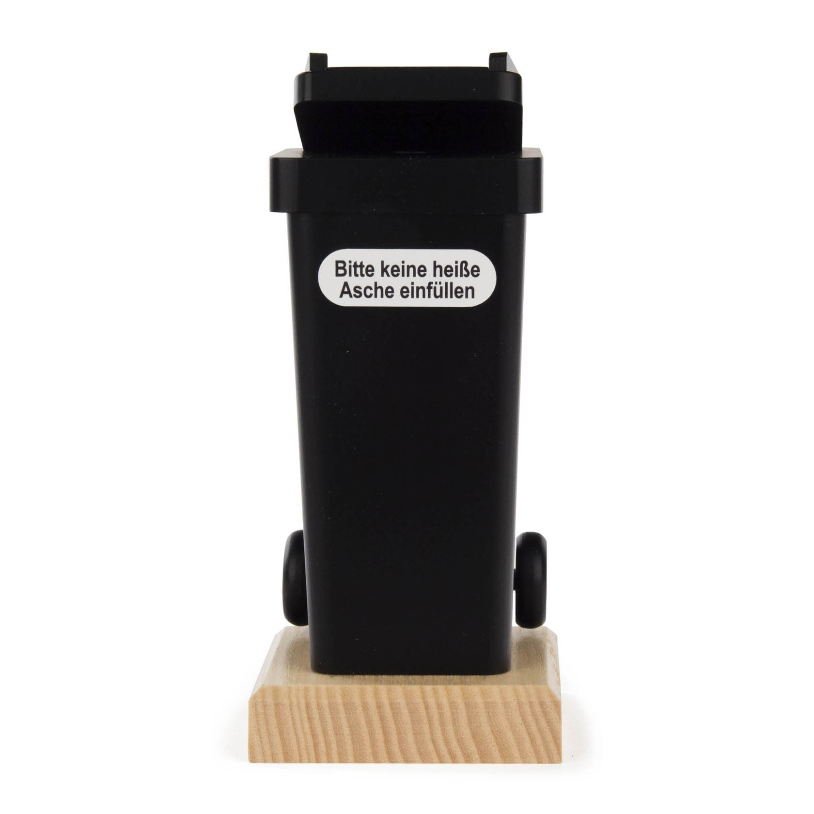 A black incense smoker shaped like a garbage bin with a flat lid and wheels, standing on a wooden base.