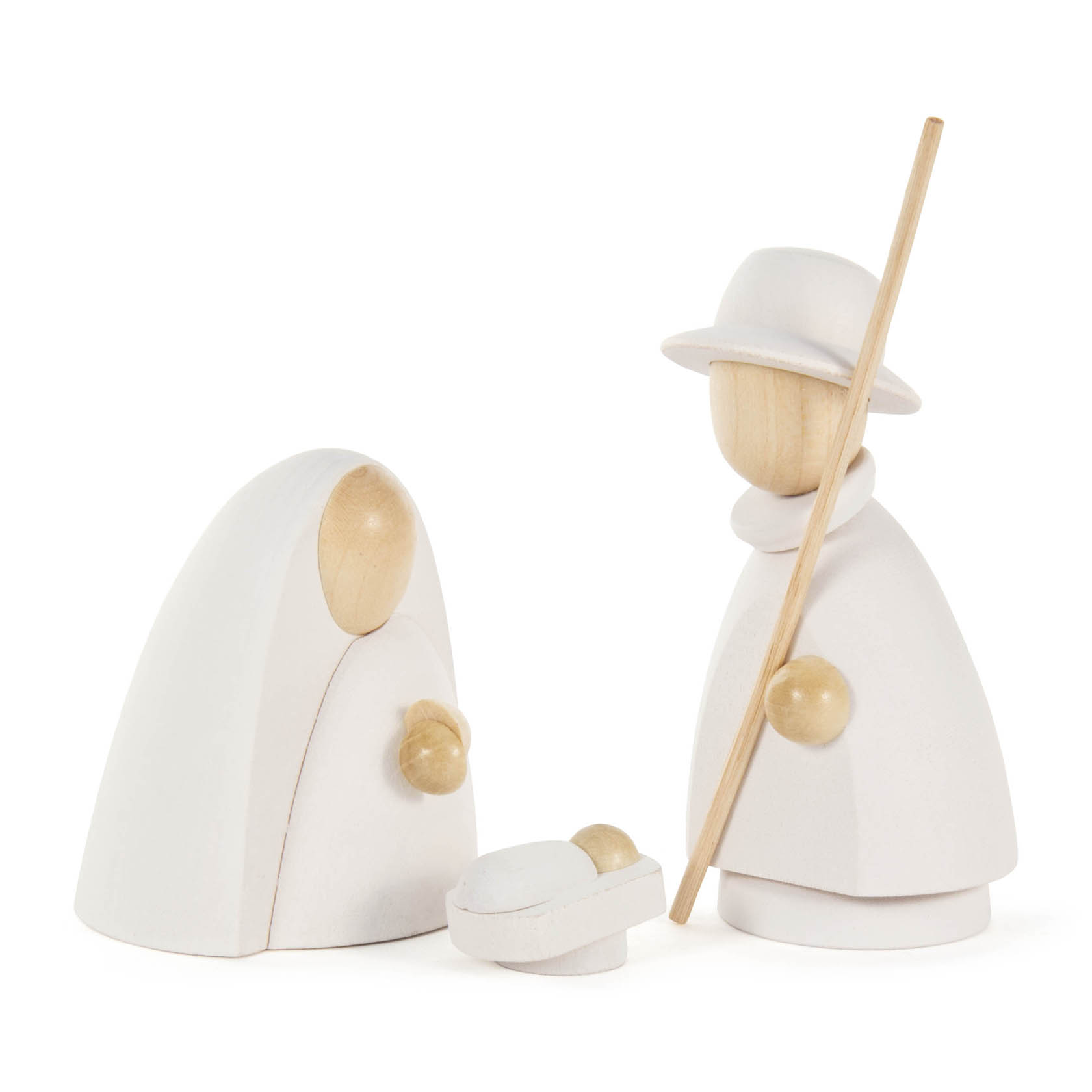 Moderne Heilige Familie aus Holz in natur und weiß. Maria und Josef stehen neben dem Jesuskind. Josef hält einen Stab. im Dregeno Online Shop günstig kaufen