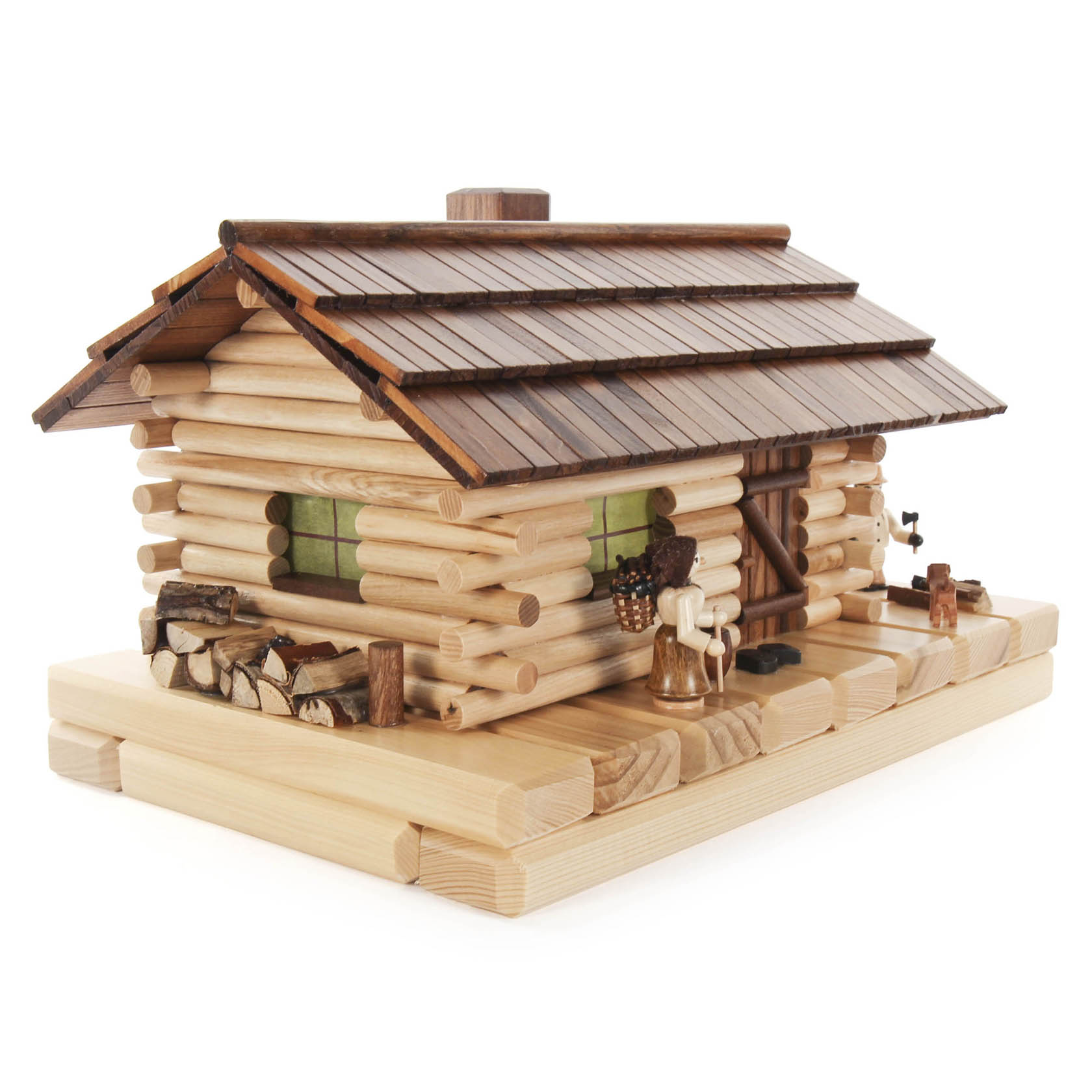 Holzwaldhütte als Lichterhaus mit Holzfiguren eines Mannes, Baum, Eule und Hund, und einer Funktion für Räucherkerzen. Die Hütte hat eine elektrische Innenbeleuchtung. im Dregeno Online Shop günstig kaufen