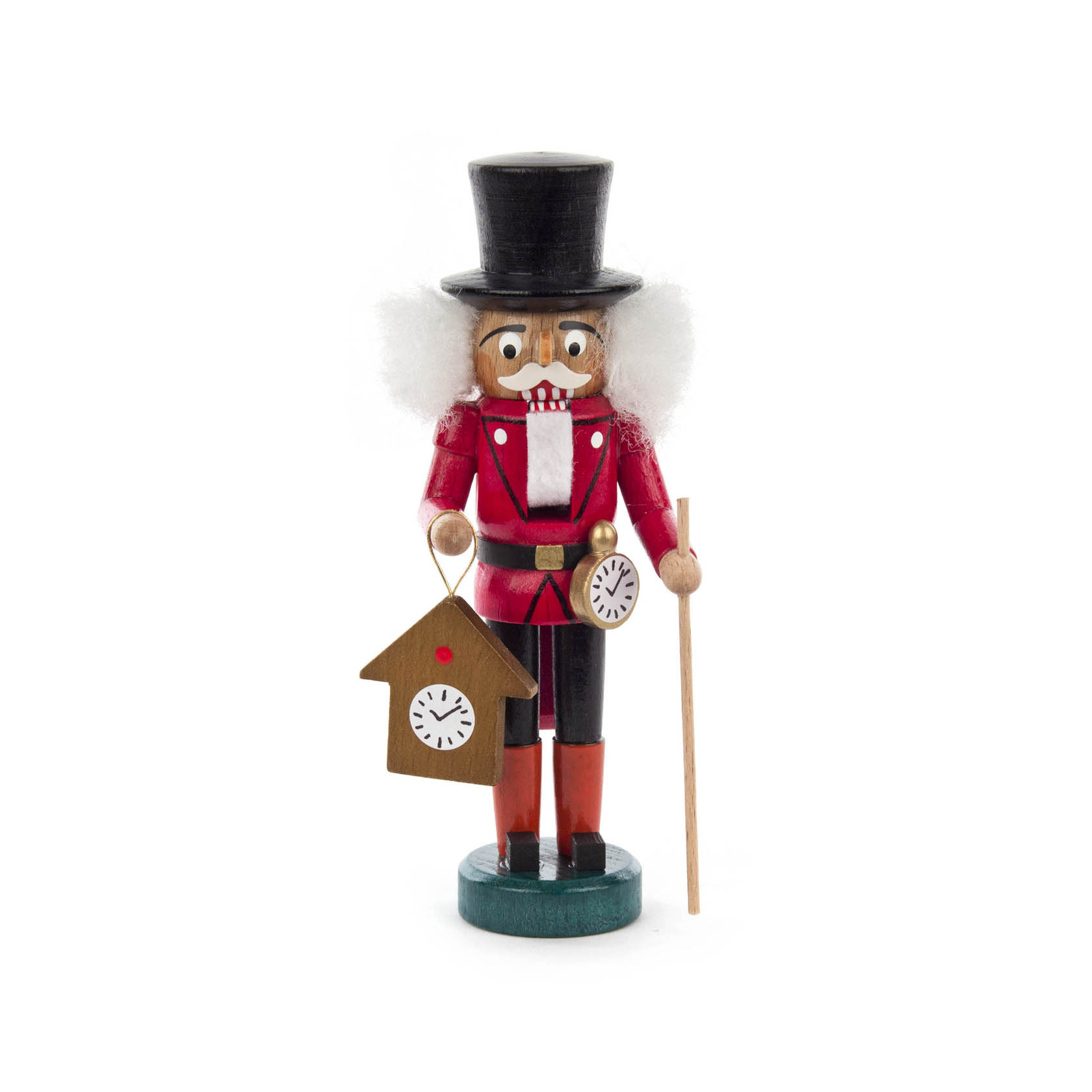 Bunter Nussknacker in roter Uniform, hält ein Kuckucksuhr- & Armbanduhrenmodell in Händen, 14 cm groß, mit schwarzem Zylinder und weißem Haar. im Dregeno Online Shop günstig kaufen