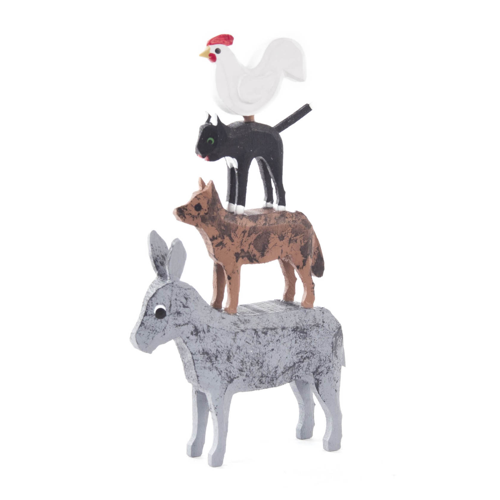Holzfiguren der Bremer Stadtmusikanten: Esel unten, darauf Hund, Katze und oben ein Hahn. im Dregeno Online Shop günstig kaufen
