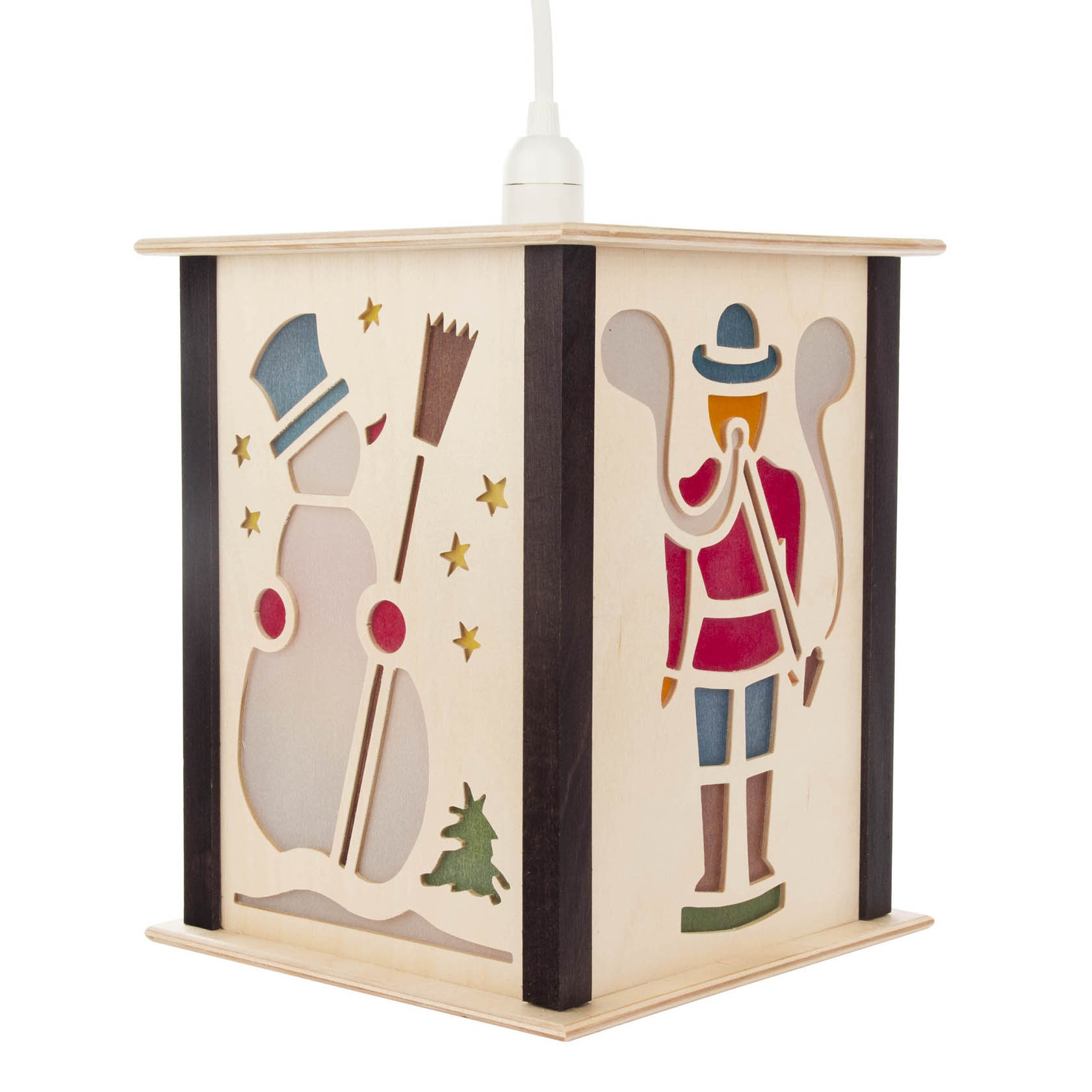 Holzlaterne mit ausgeschnittenem Schneemann und Nussknacker-Motiv, erhellt von einer internen Lampe, mit Sternen als Dekor rundherum. im Dregeno Online Shop günstig kaufen