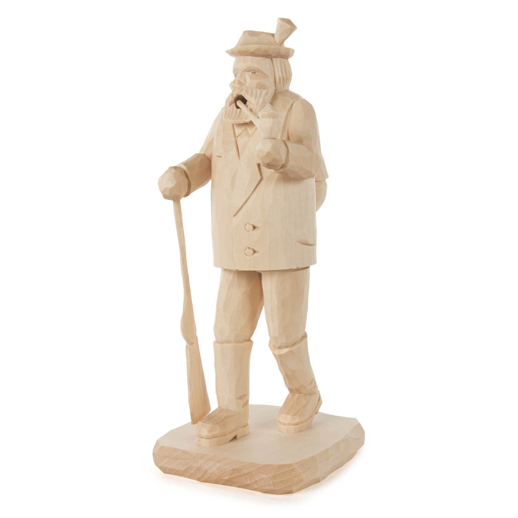 Handgeschnitzter Räuchermann in Form eines Försters, mit Bart und Hut, trägt einen Gehstock, unbehandelt naturholzfarben. im Dregeno Online Shop günstig kaufen