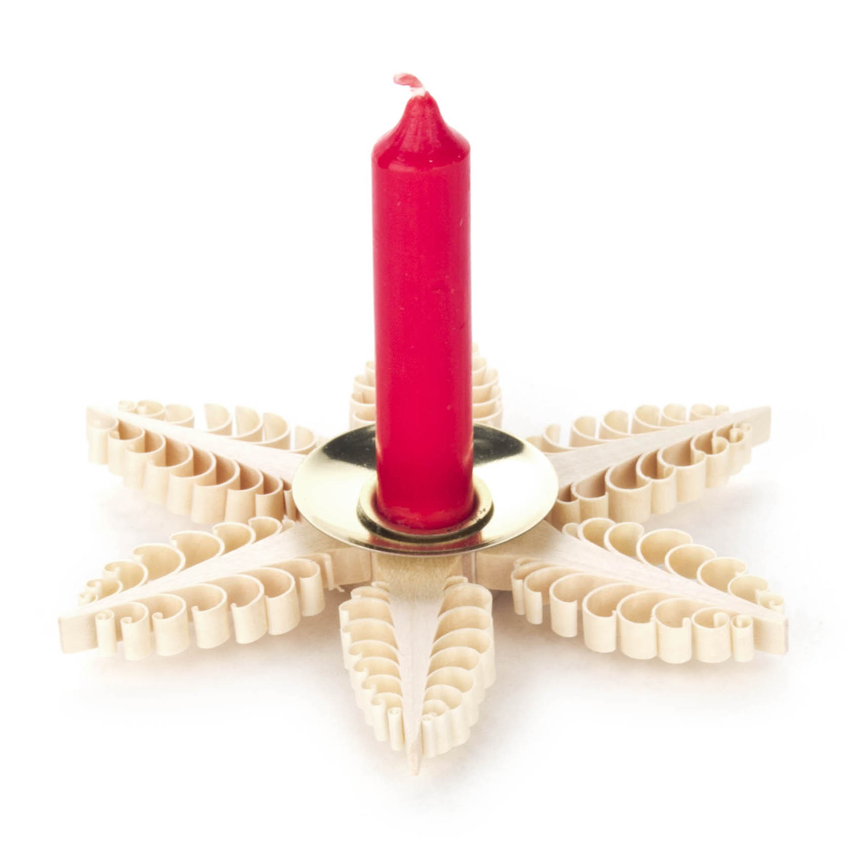 Ein roter Kerzenständer mit einer goldenen Halterung im Spanstern-Design für eine Kerze mit einem Durchmesser von 14mm.