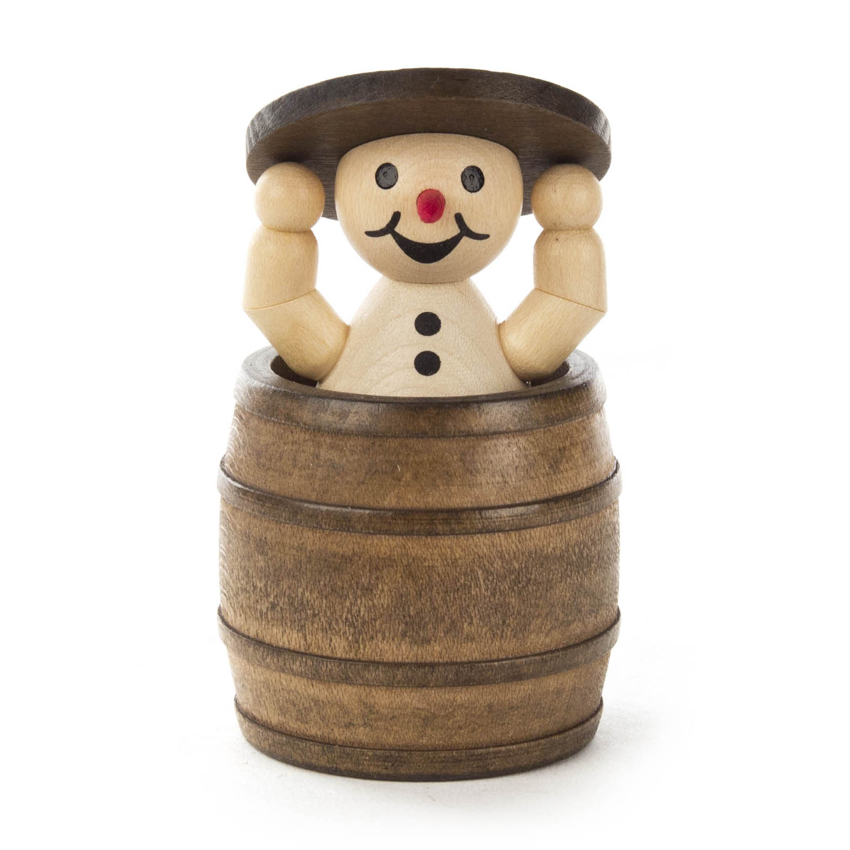 Kleiner hölzerner Schneemann mit roter Nase und schwarzem Hut, der in einem Holzbottich steht und das Fass mit beiden Händen hält. im Dregeno Online Shop günstig kaufen