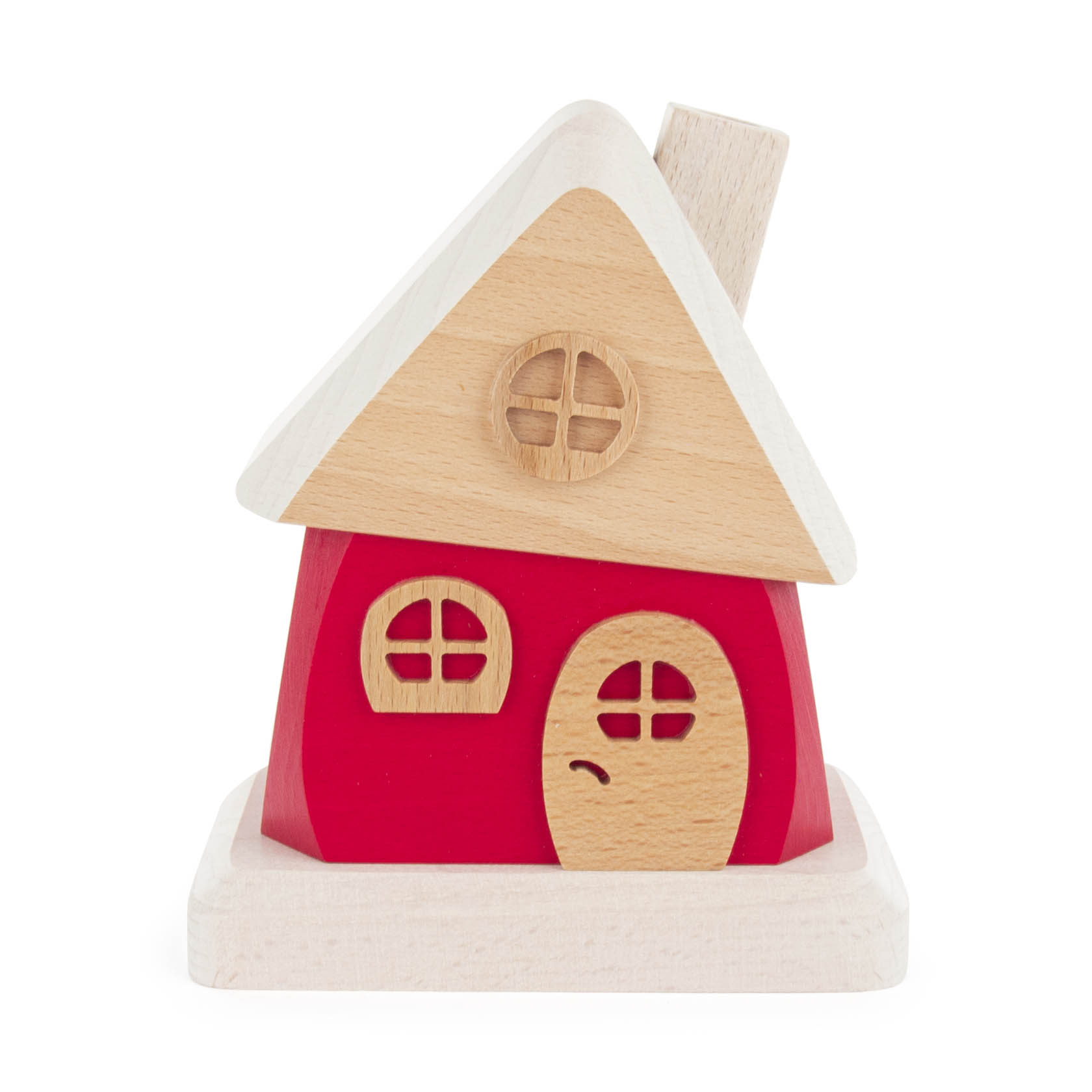 Ein großes Räucherhaus aus Holz, rot bemalt mit naturfarbenen Fensterläden, einer runden Tür und einem Kamin auf einem weißen Sockel. im Dregeno Online Shop günstig kaufen