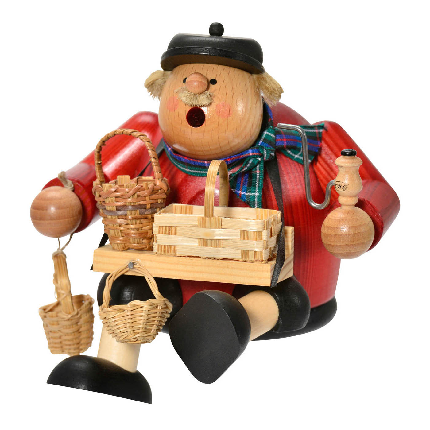A wooden smoker figurine sitting with a red shirt, black hat, holding multiple wicker baskets and a small wooden pipe, with a colorful scarf. im Dregeno Online Shop günstig kaufen