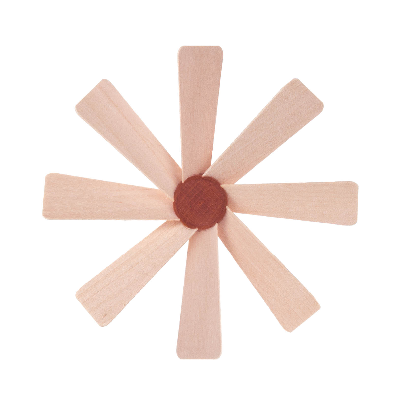 Ein Mini-Flügelrad aus hellem Holz mit acht symmetrisch angeordneten schmalen Flügeln und einem runden Zentrum. im Dregeno Online Shop günstig kaufen