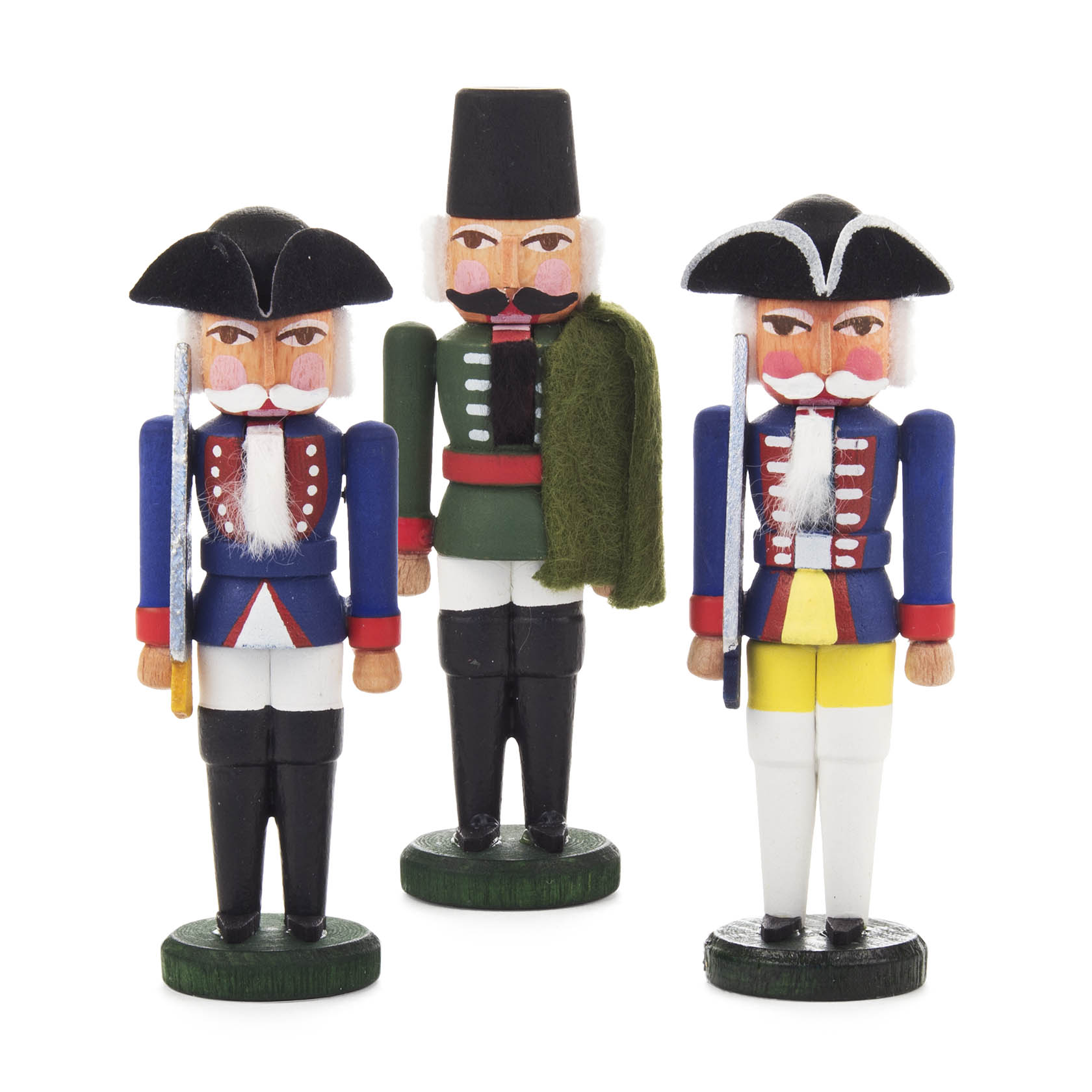 Drei Mini-Nussknacker in der Uniform preußischer Offiziere; von links nach rechts: blau-rot-weiß, grün-schwarz mit Umhang, blau-weiß-gelb. Jeder hält ein Gewehr. im Dregeno Online Shop günstig kaufen