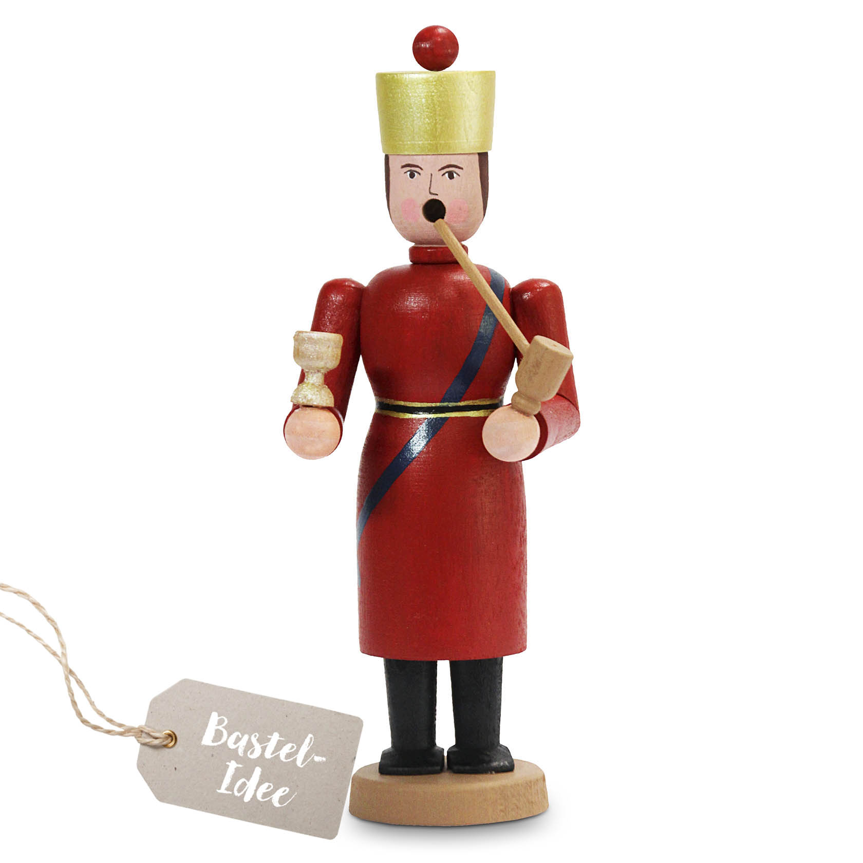 Ein Bastelset zur Herstellung eines Räuchermännchens, das den König Melchior darstellt, mit goldener Krone, rotem Gewand und Pfeife. im Dregeno Online Shop günstig kaufen
