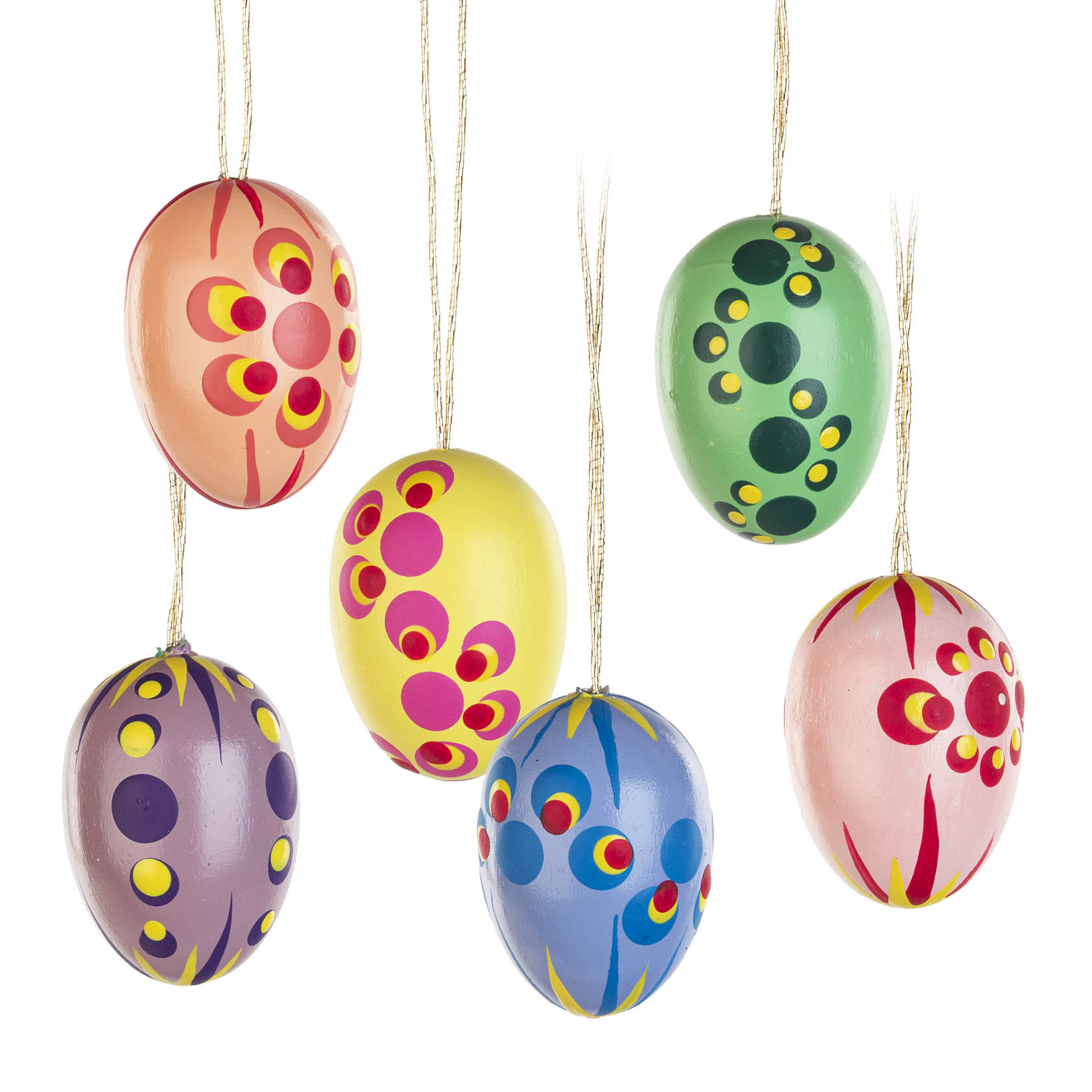 Sechs pastellfarbene Ostereier, jeweils mit bunten, geometrischen Mustern bemalt und an Schnüren aufgehängt. im Dregeno Online Shop günstig kaufen