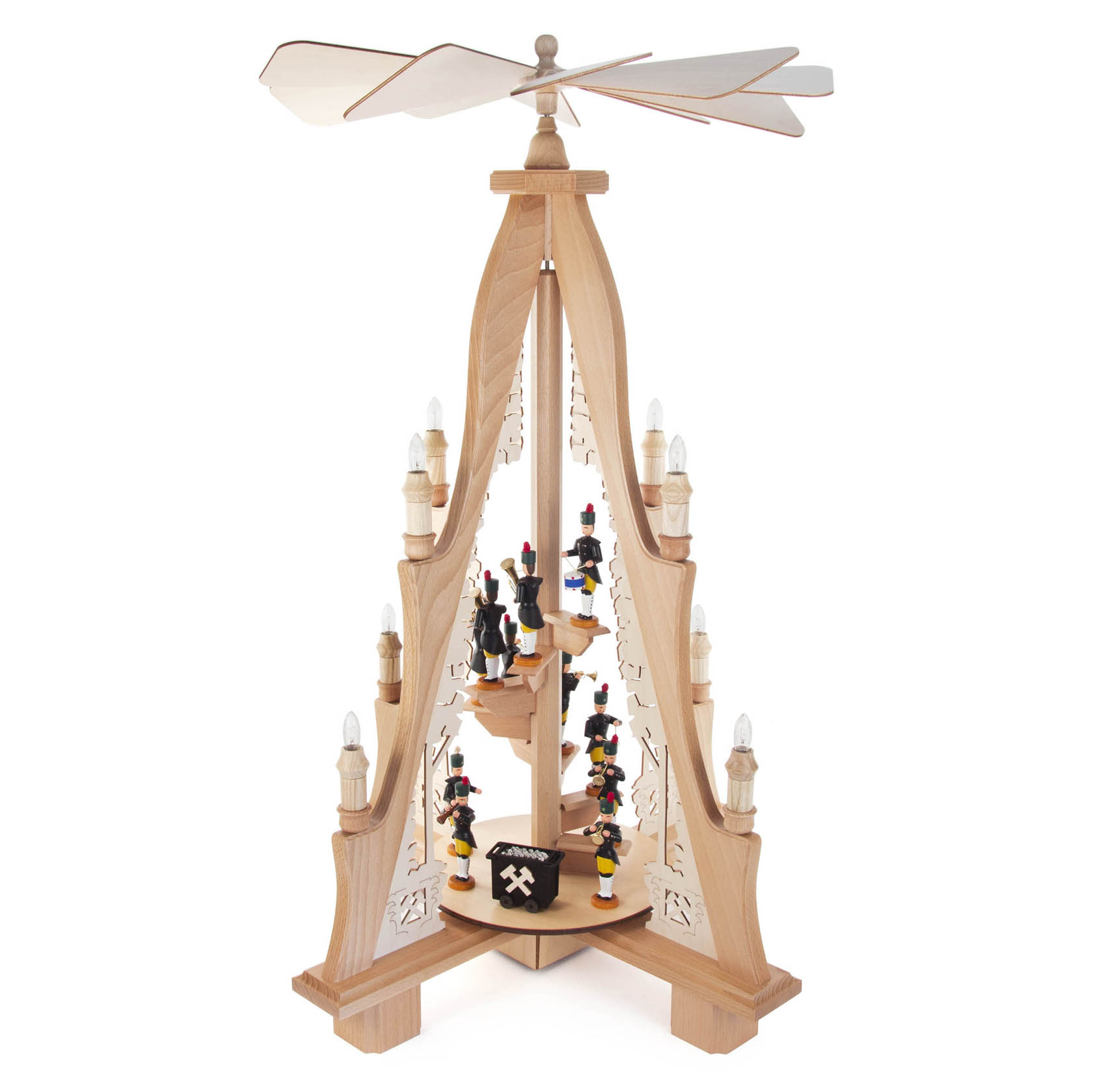 Holzpyramide mit elektrisch beleuchteten Bergmannfiguren und einem sich drehenden Flügelrad an der Spitze. im Dregeno Online Shop günstig kaufen