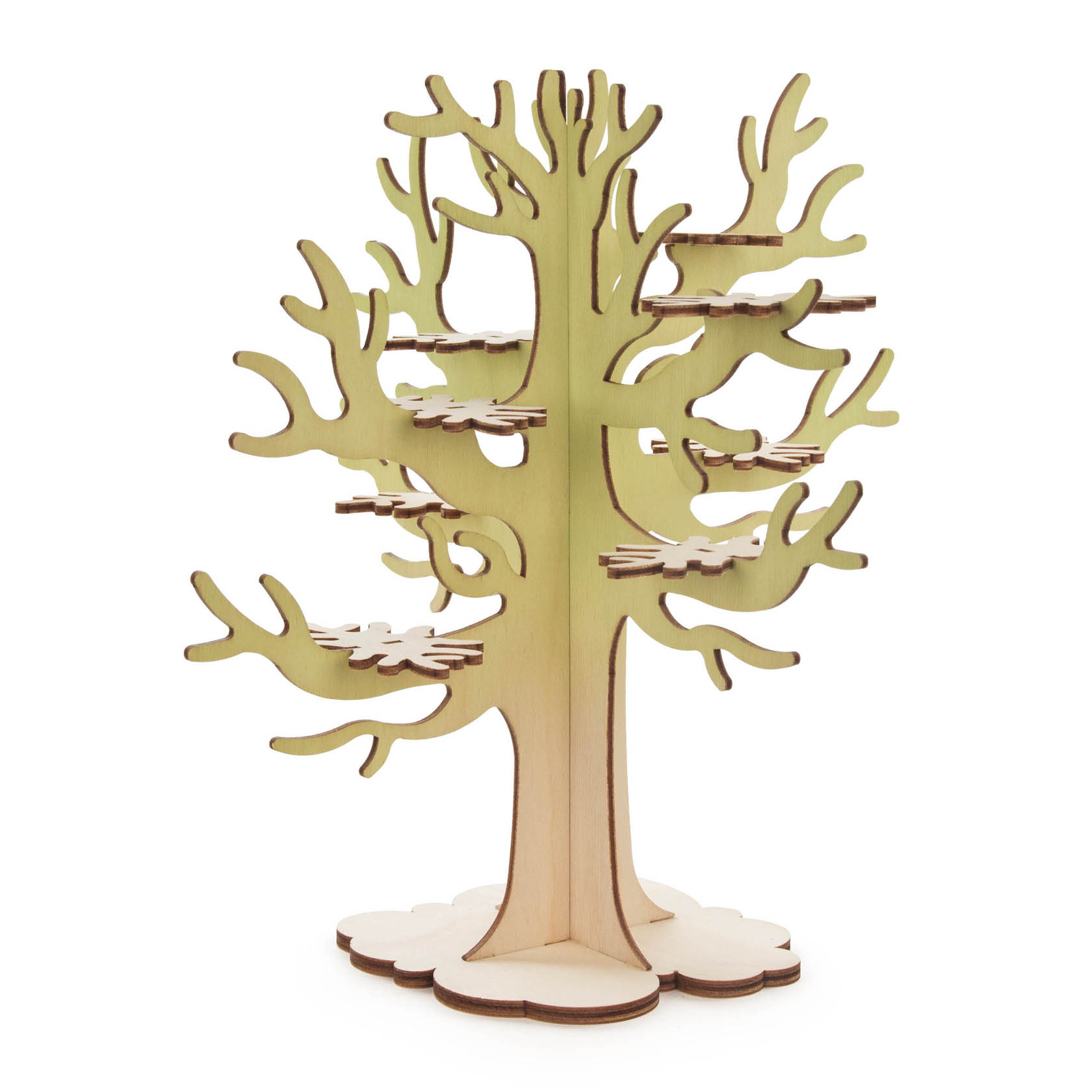 Ein dekorativer, filigran gestalteter Miniaturbaum aus Holz mit mehreren verzweigten Ästen und runder Basis, bekannt als Eulenbaum Mini.