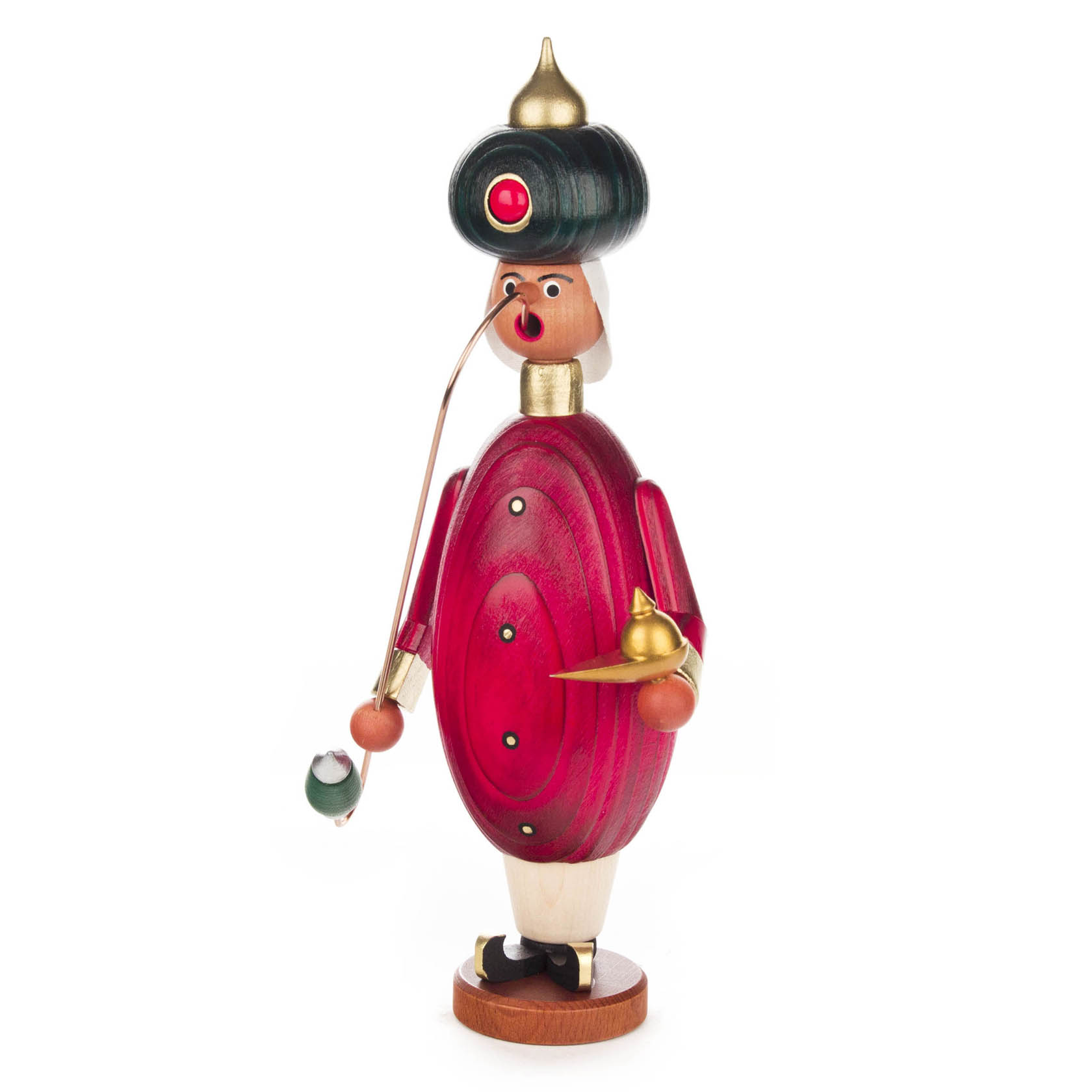 Holzfigur eines Räuchermanns im Stil von Aladin. Die Figur hat einen roten Körper, einen Turban und hält eine Pfeife und eine kleine Lampe.