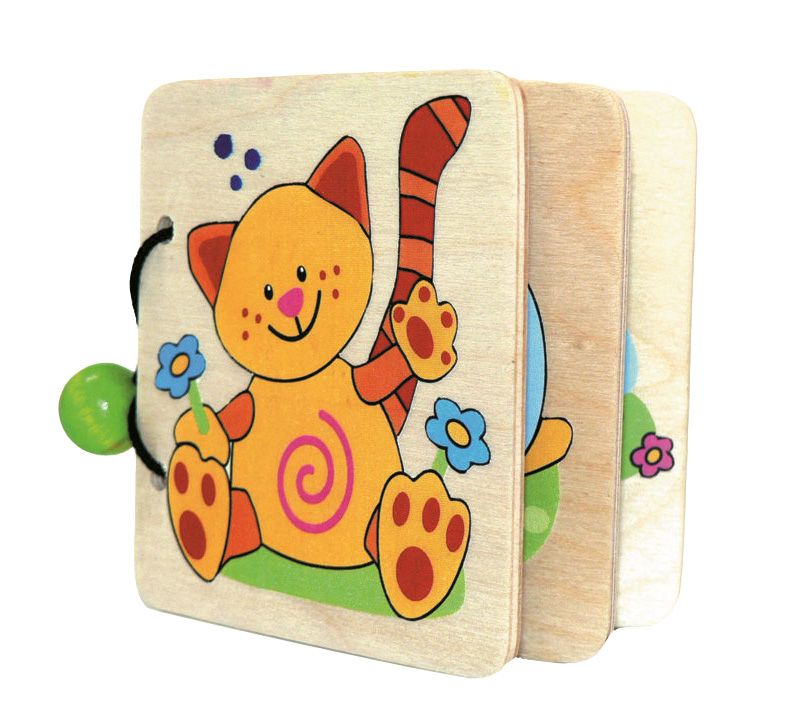 Ein buntes Kinderbilderbuch aus Holz mit einem lachenden, cartoonartigen Katzenmotiv auf dem Cover, das einen gestreiften Schwanz und Blümchen um sich hat. im Dregeno Online Shop günstig kaufen
