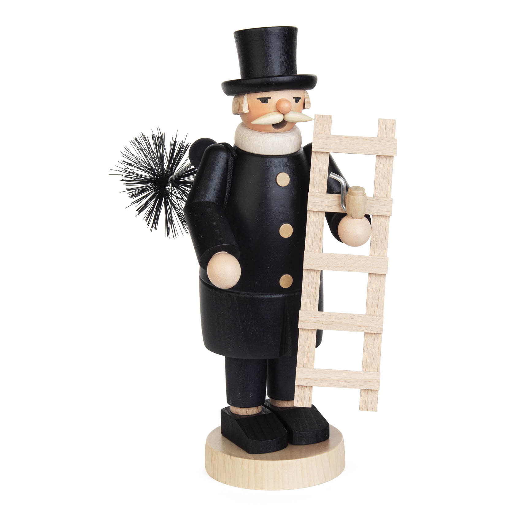 Holzfigur eines Schornsteinfegers mit schwarzem Zylinder, rotem Schal, hält eine Leiter und eine Bürste in den Händen. Figur steht auf einem Holzsockel. im Dregeno Online Shop günstig kaufen