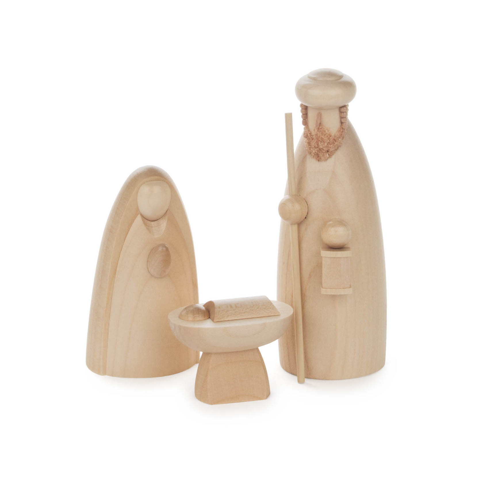 Holzfigurenset der Heiligen Familie, bestehend aus Maria, Josef mit einem Stab, und dem Jesuskind in der Krippe, naturbelassen und 12 cm hoch. im Dregeno Online Shop günstig kaufen