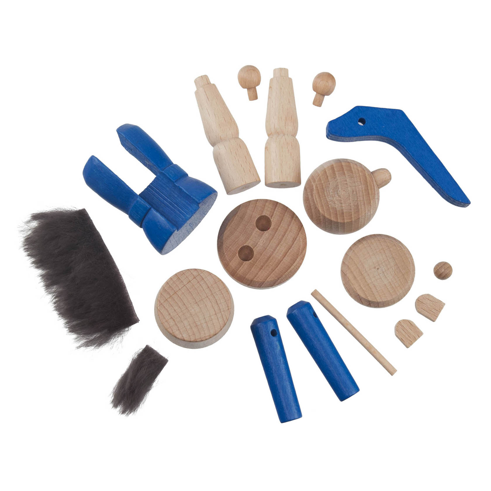 Ein Bastelset mit Einzelteilen für einen Nussknacker in Form eines Königs, darunter bemalte Holzbeine, Holzrundungen, kleine Kugeln, zwei Köpfe und ein blauer Hebel.