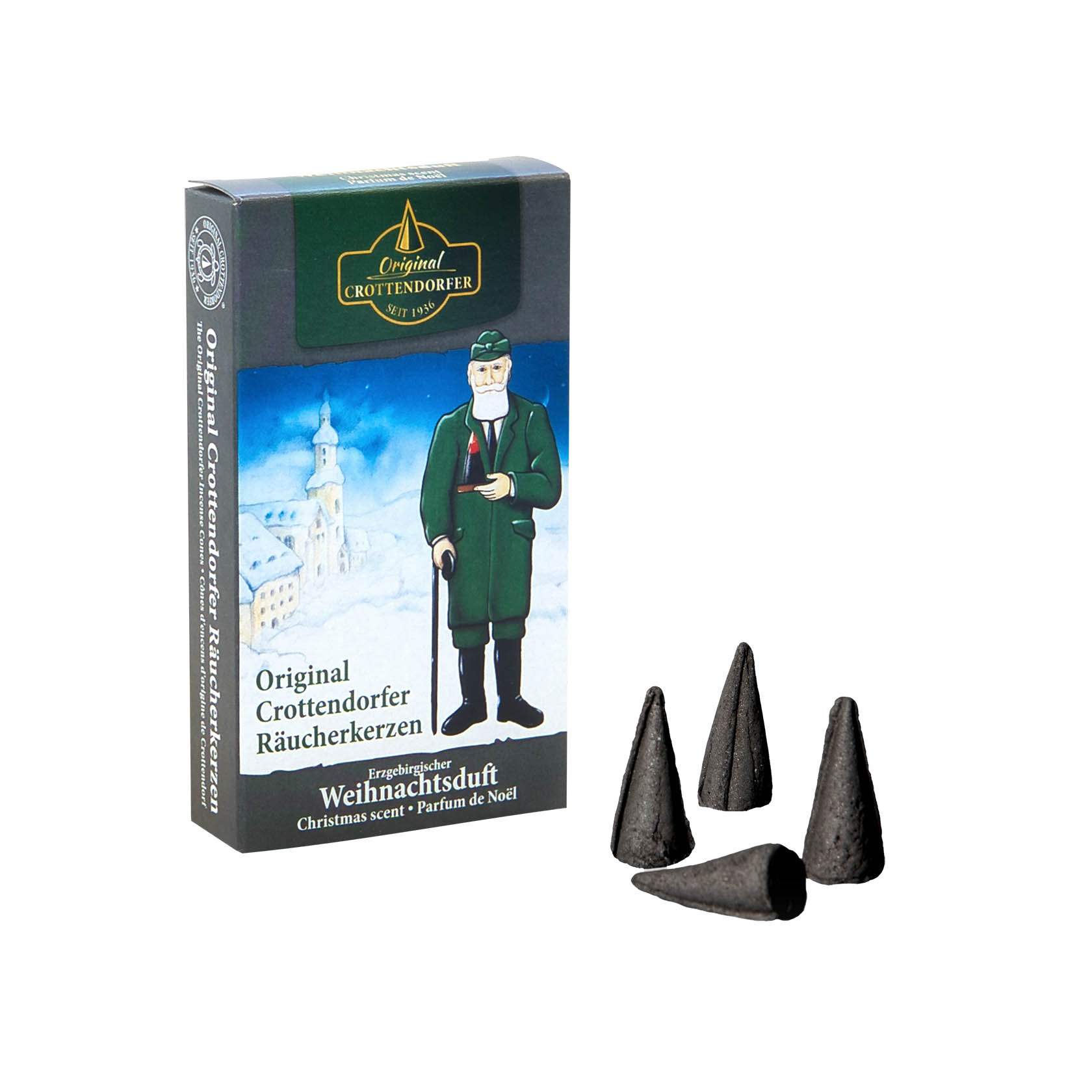 Packung Crottendorfer Räucherkerzen Weihnachtsduft mit Räuchermännchen, davor stehen angezündete und nicht angezündete grüne Räucherkerzen in Kegelform. im Dregeno Online Shop günstig kaufen