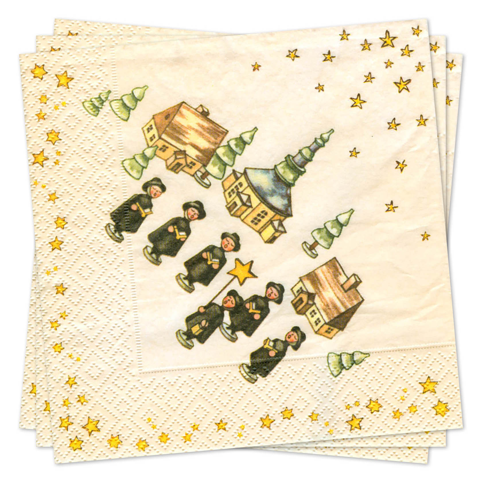 Vier Kurrendesänger in traditioneller Kleidung mit Stern und Laternen marschieren vor einem Dorf mit Häusern und Bäumen. Sterne sind über dem Dorf verteilt. im Dregeno Online Shop günstig kaufen