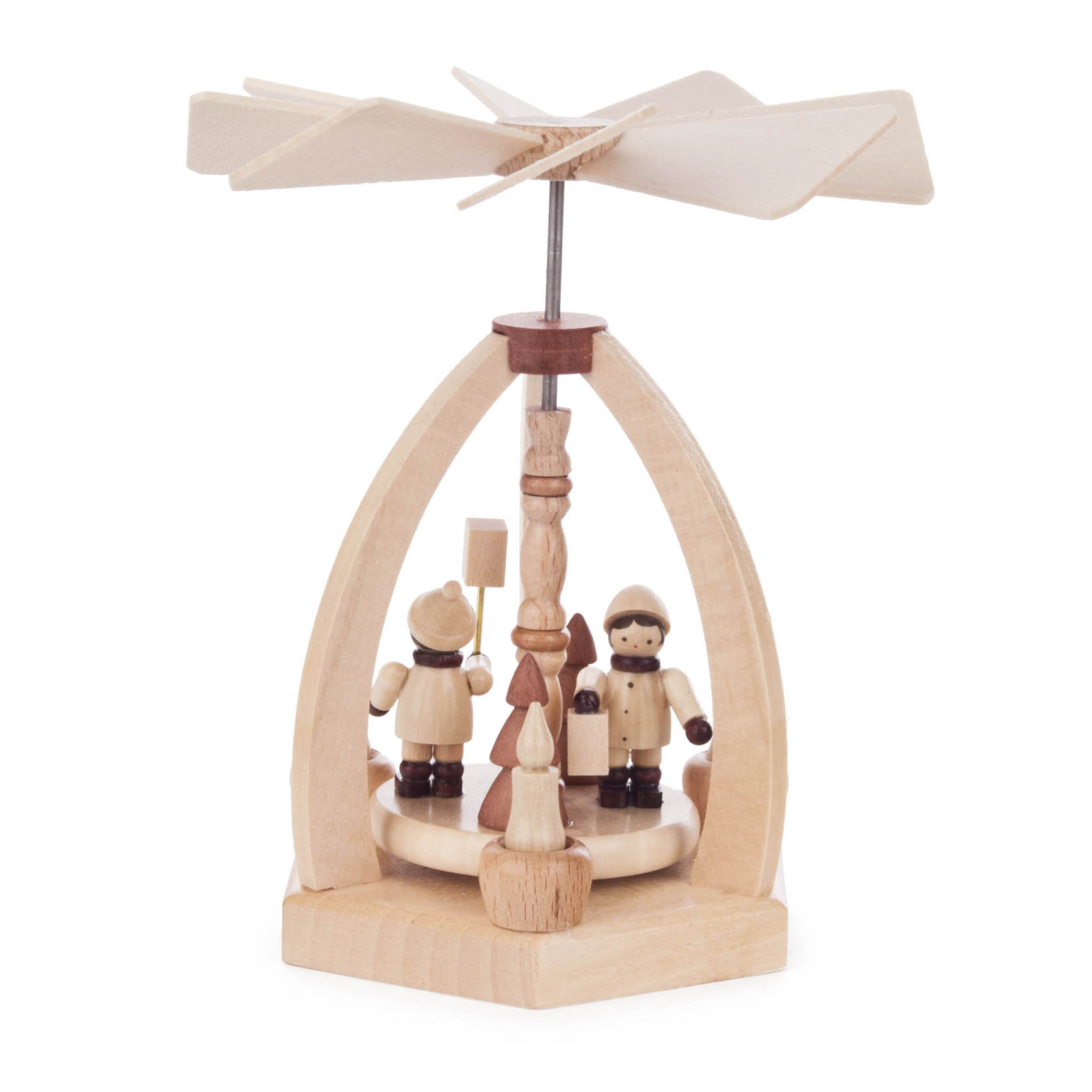 Holzpyramide mit drehendem Propeller, darauf zwei geschnitzte Kinder in winterlicher Kleidung mit Laternen in den Händen. im Dregeno Online Shop günstig kaufen