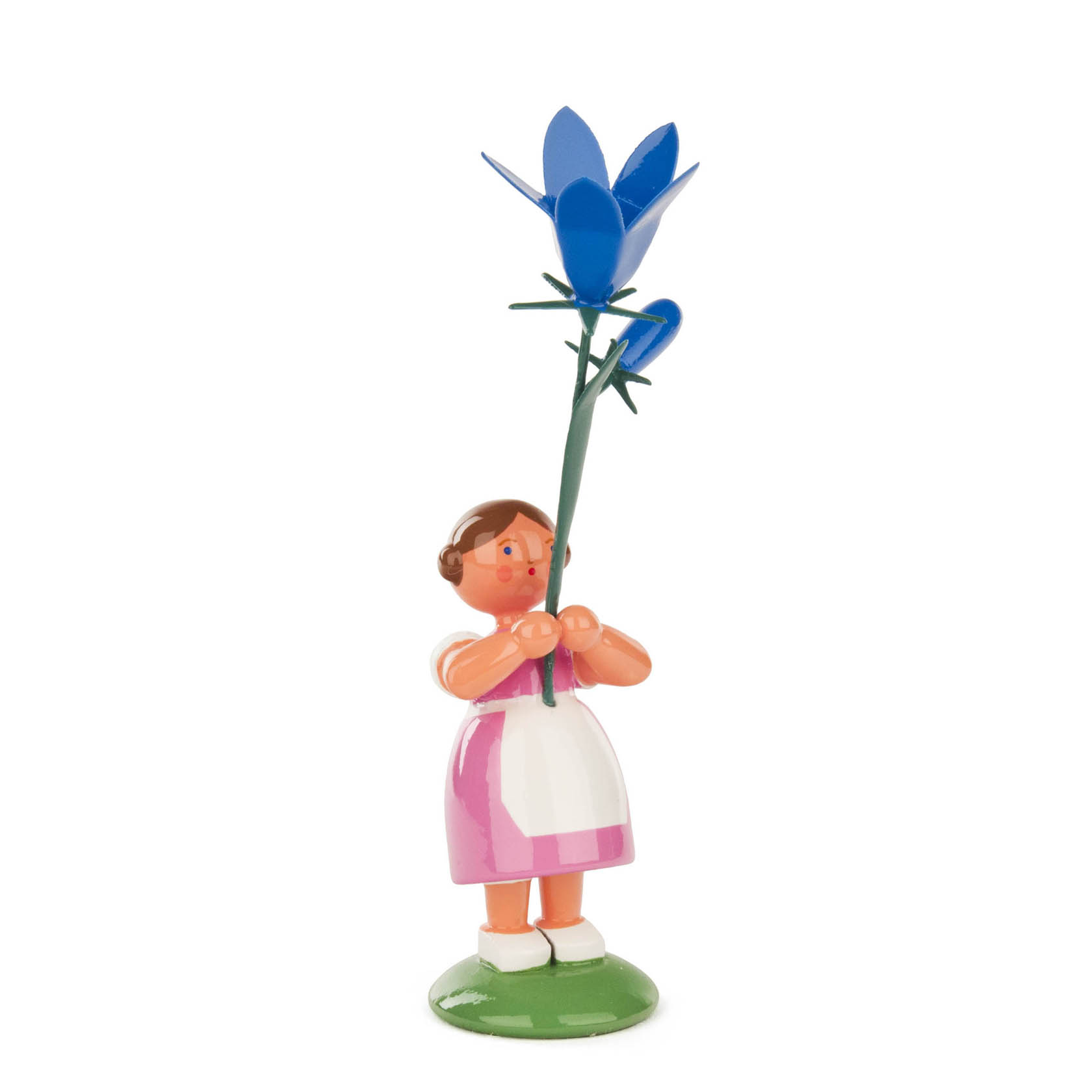 Holzfigur eines Mädchens in rosa Kleidung hält eine große blaue Glockenblume mit Knospe. Das Mädchen trägt weiße Schuhe und hat braune Haare. im Dregeno Online Shop günstig kaufen