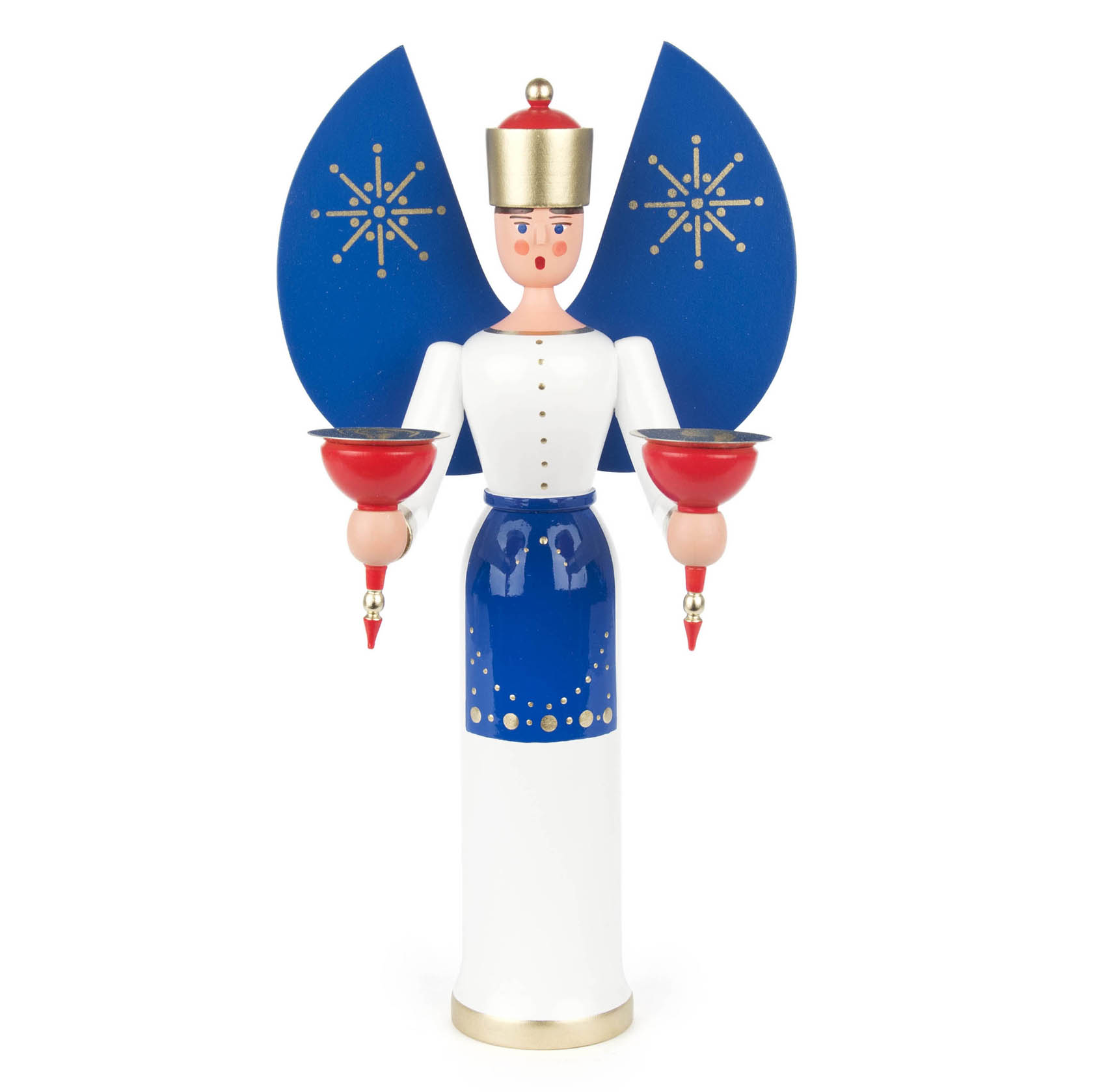 Holzengel in weißem Gewand, mit goldener Krone und blauen, mit Sternen verzierten Flügeln, hält zwei rote Kerzenhalter. im Dregeno Online Shop günstig kaufen