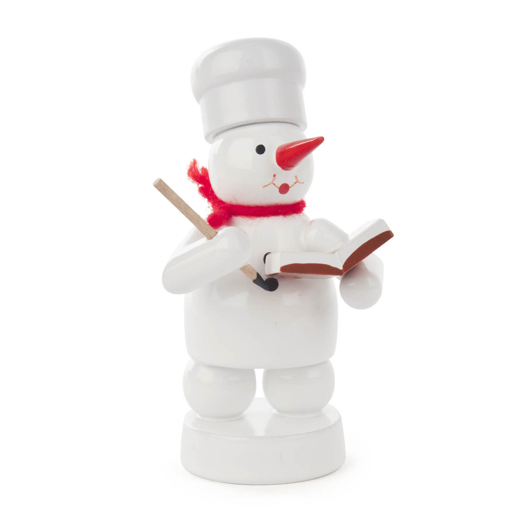 Ein Schneemann mit einem weißen Kochhut und rotem Schal hält ein aufgeschlagenes Rezeptbuch in der Hand. im Dregeno Online Shop günstig kaufen