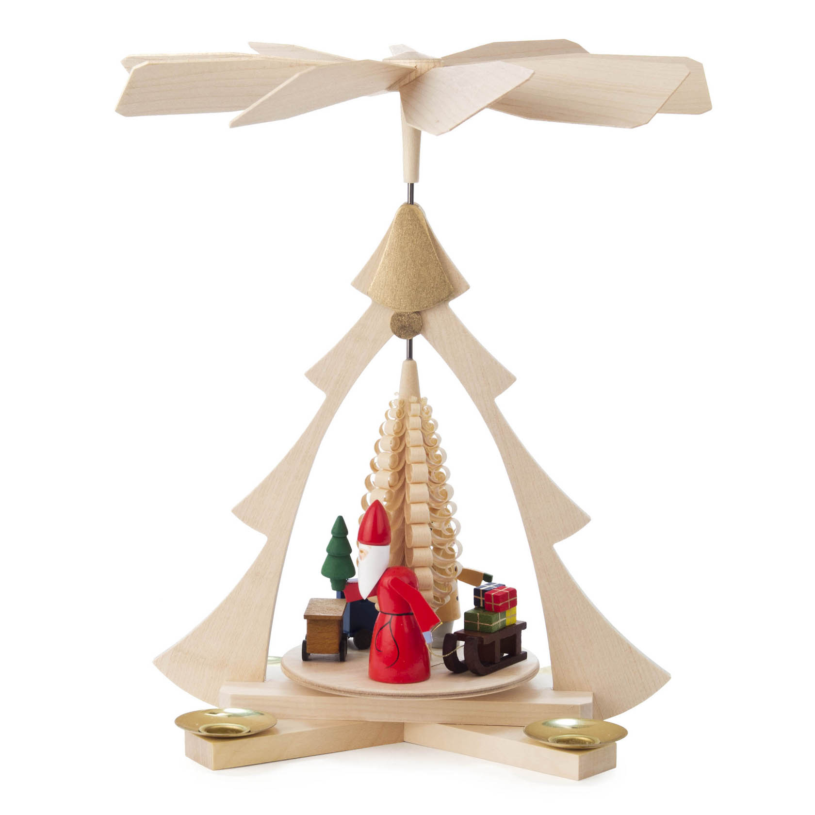 Holzpyramide mit Weihnachtsmann, Geschenken, Schlitten und Baum, angetrieben durch Kerzenwärme, mit Haltern für Kerzen bis 14 mm Durchmesser. im Dregeno Online Shop günstig kaufen