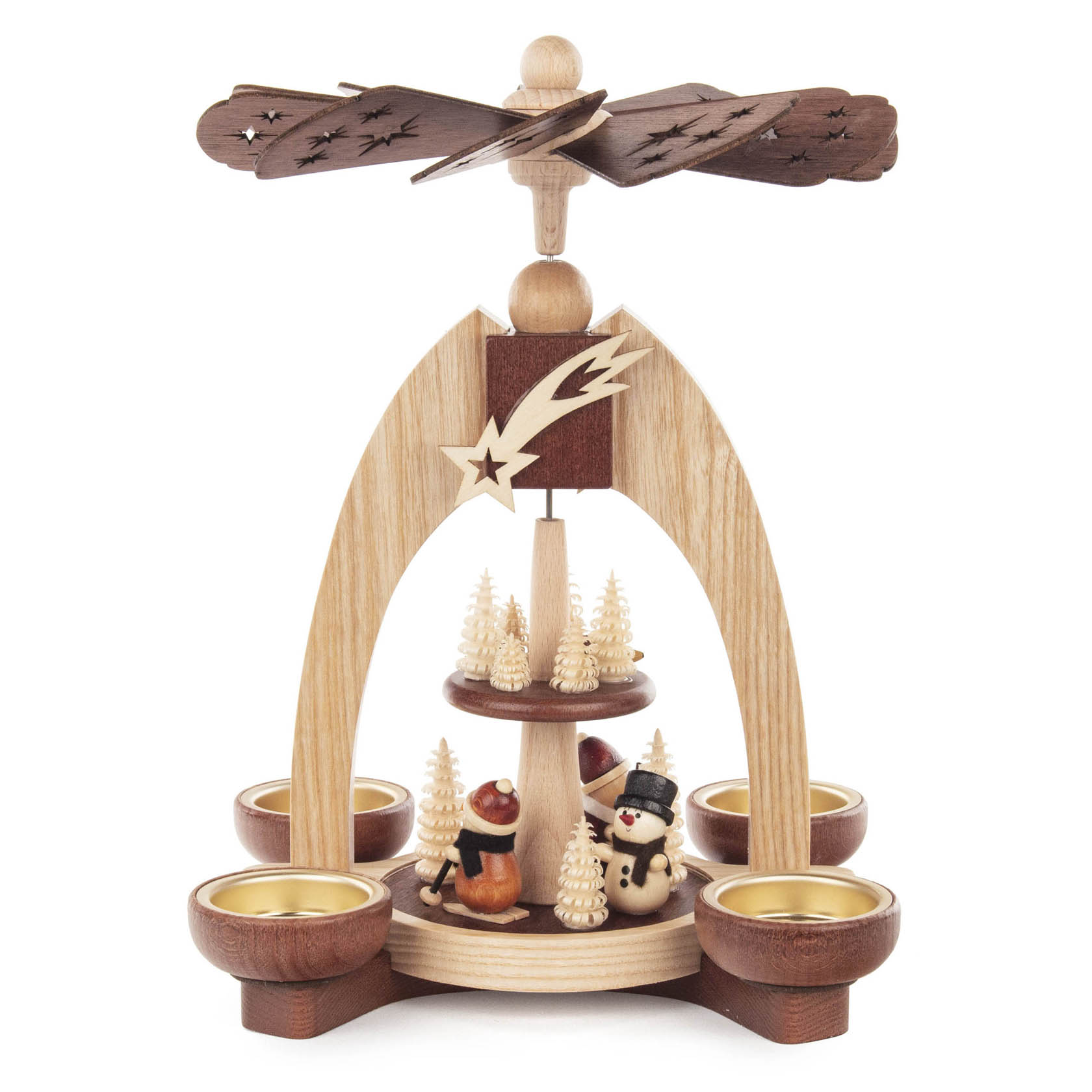 Zweistufige, naturfarbene Weihnachtspyramide aus Holz für Teelichter, dekoriert mit kleinen Schneemännern und Bäumen, mit einem Propeller oben. im Dregeno Online Shop günstig kaufen
