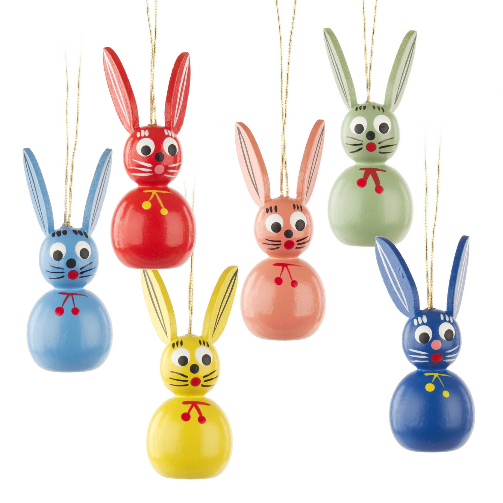 Sechs bunte Osterhasen-Anhänger aus Holz, je in Blau, Gelb, Rot, Rosa, Grün und Blau, mit bemalten Gesichtern und langen Ohren. im Dregeno Online Shop günstig kaufen