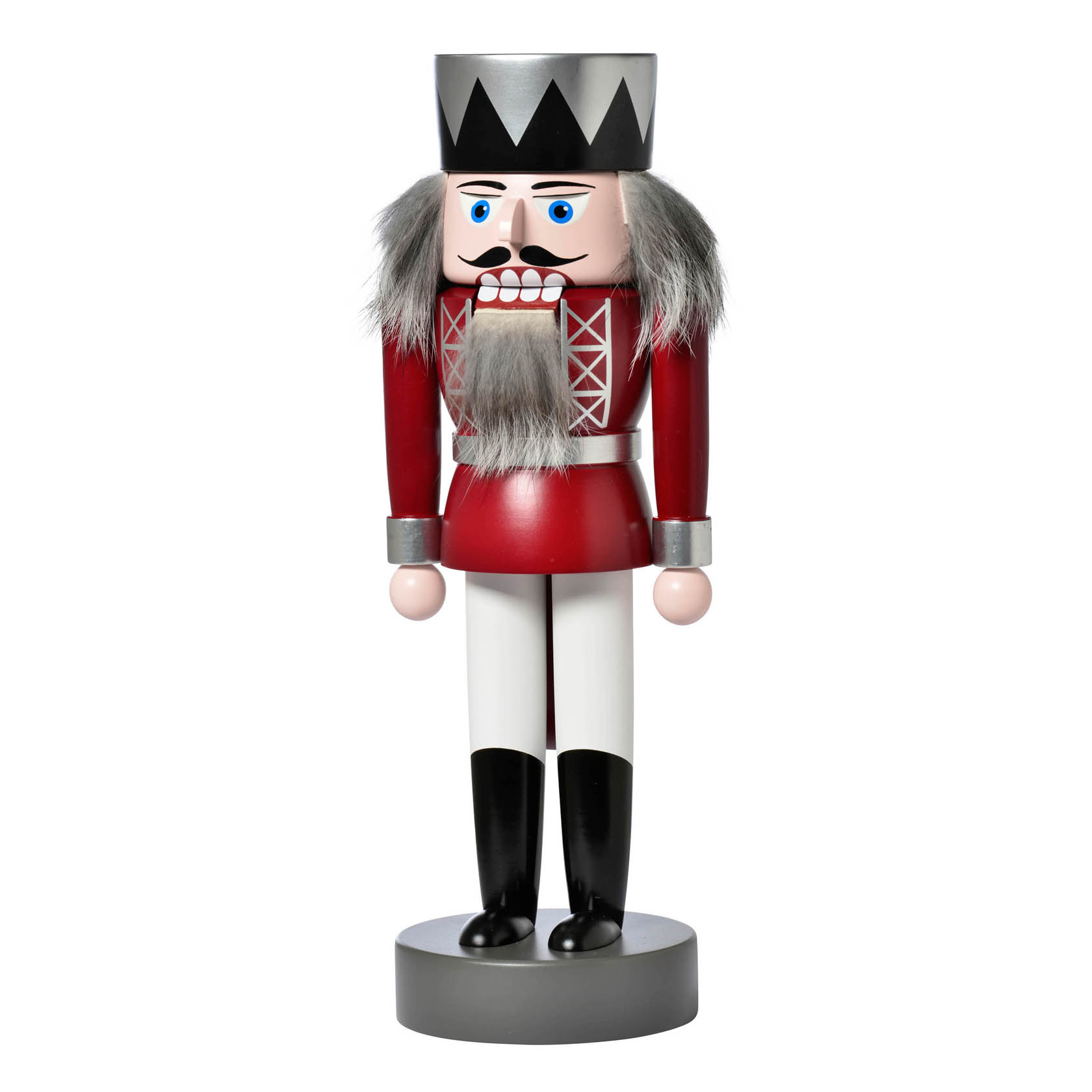 Wooden nutcracker king in red with a silver crown, standing 25cm tall, featuring a traditional design with a mustache and grey faux-fur hair. im Dregeno Online Shop günstig kaufen