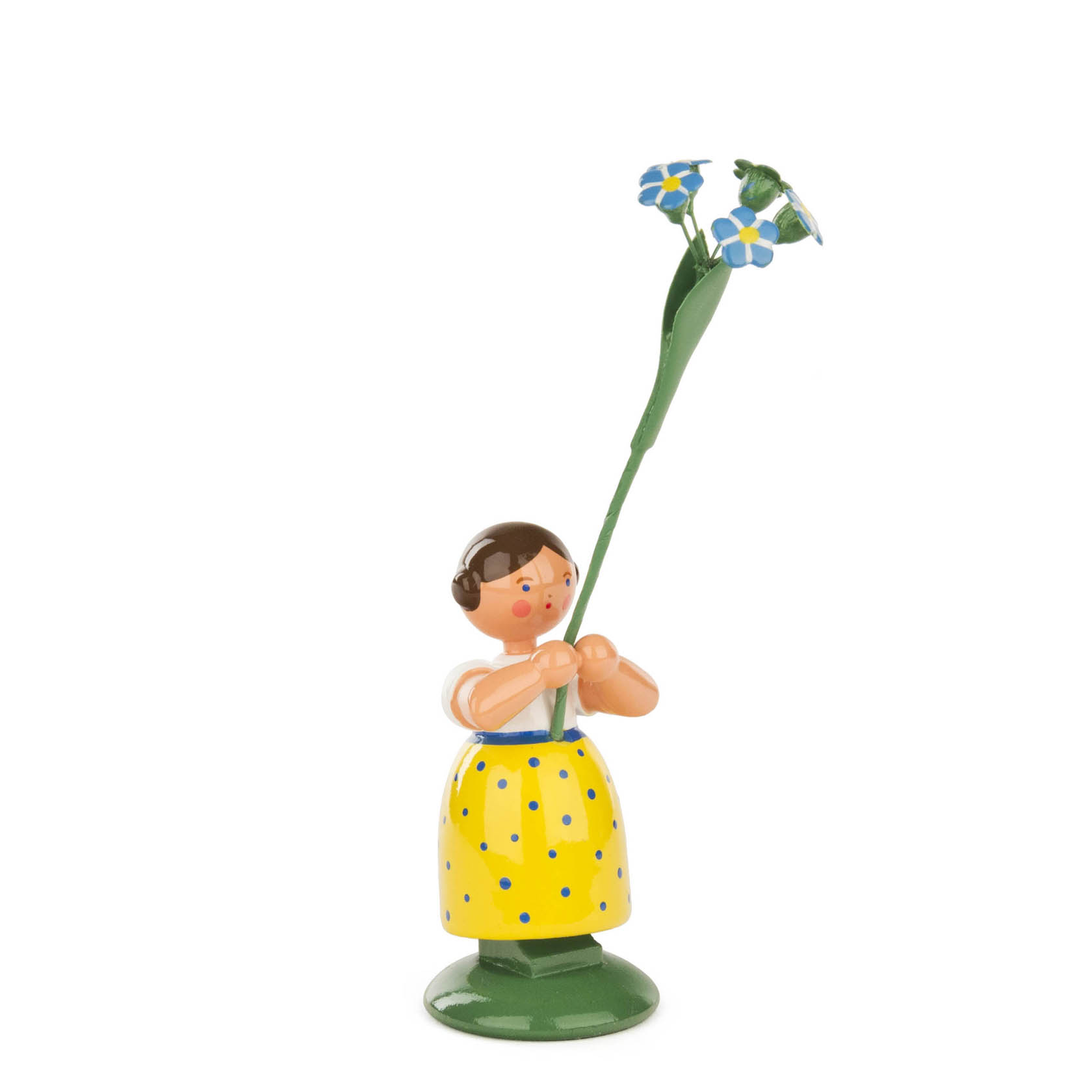 Eine Holzfigur eines Mädchens mit braunen Haaren hält eine hoch aufgerichtete Vergissmeinnicht-Blume. Sie trägt ein gelbes Kleid mit blauen Punkten. im Dregeno Online Shop günstig kaufen