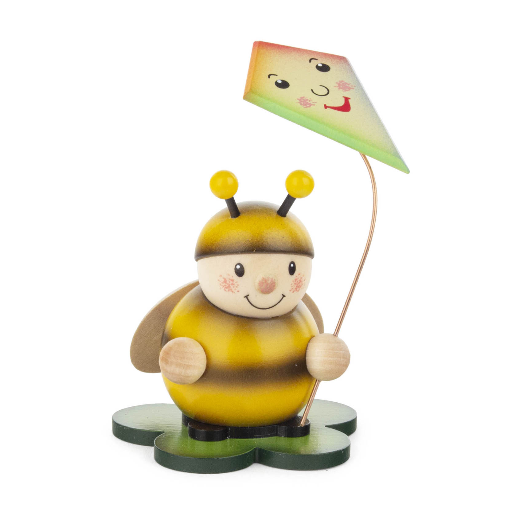 Kleine Holzfigur in Form einer Hummel mit freundlichem Gesicht, die einen bunten Drachen mit fröhlichem Gesichtsausdruck hält. im Dregeno Online Shop günstig kaufen