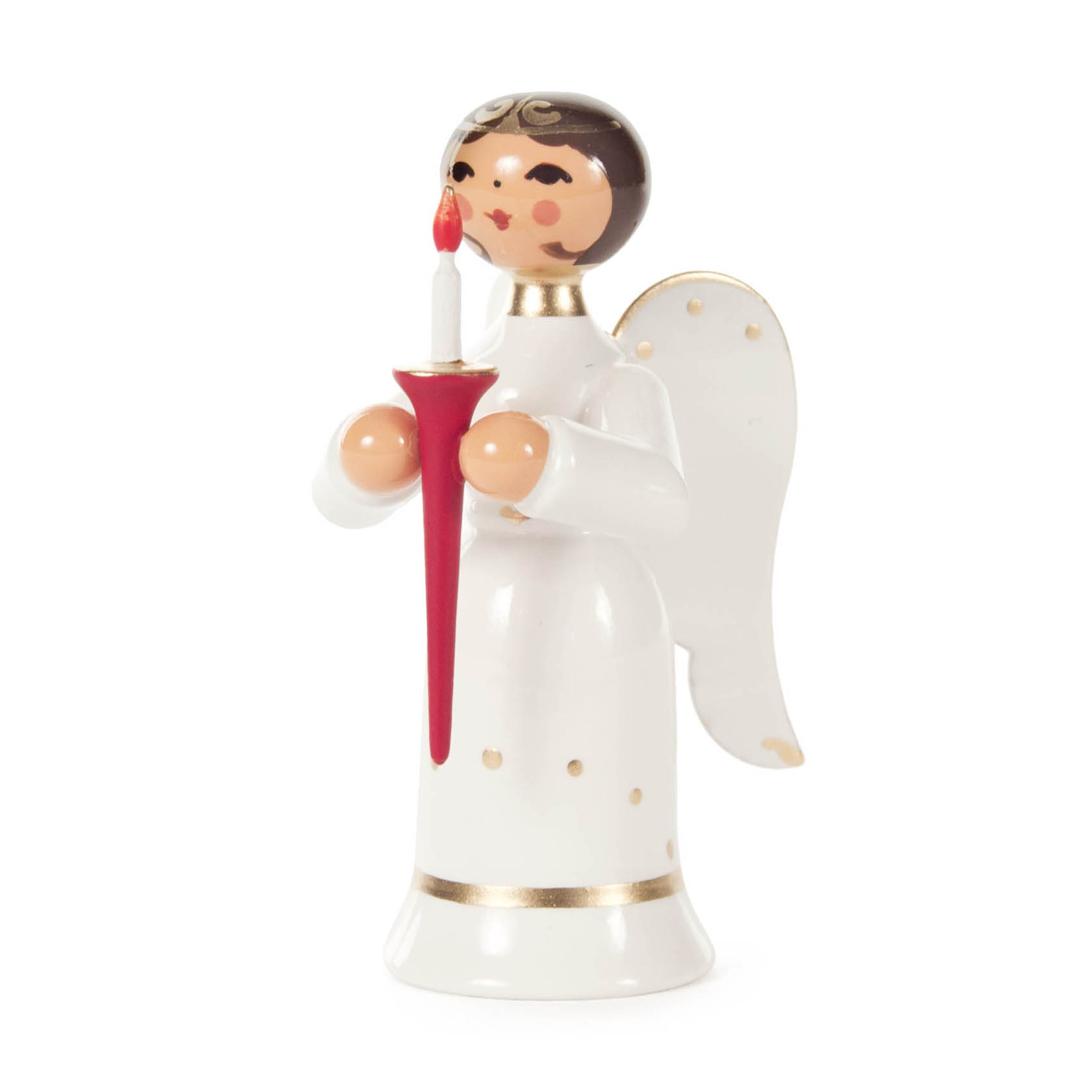 Eine Miniaturfigur eines Engels in weißem Gewand mit goldenen Details, hält eine rote Kerze mit einer kleinen Flamme. im Dregeno Online Shop günstig kaufen