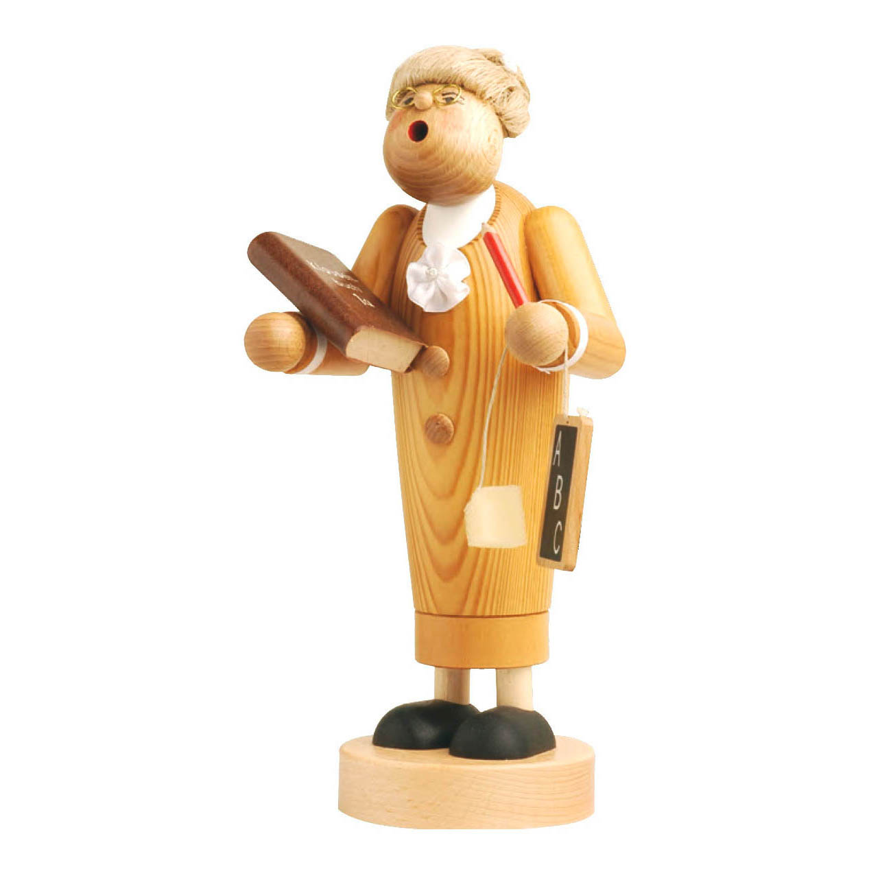 Holzfigur einer Lehrerin als Räucherfrau, 26 cm hoch, mit einem Buch und einer Schiefertafel in den Händen, trägt Brille und weißen Kragen. im Dregeno Online Shop günstig kaufen