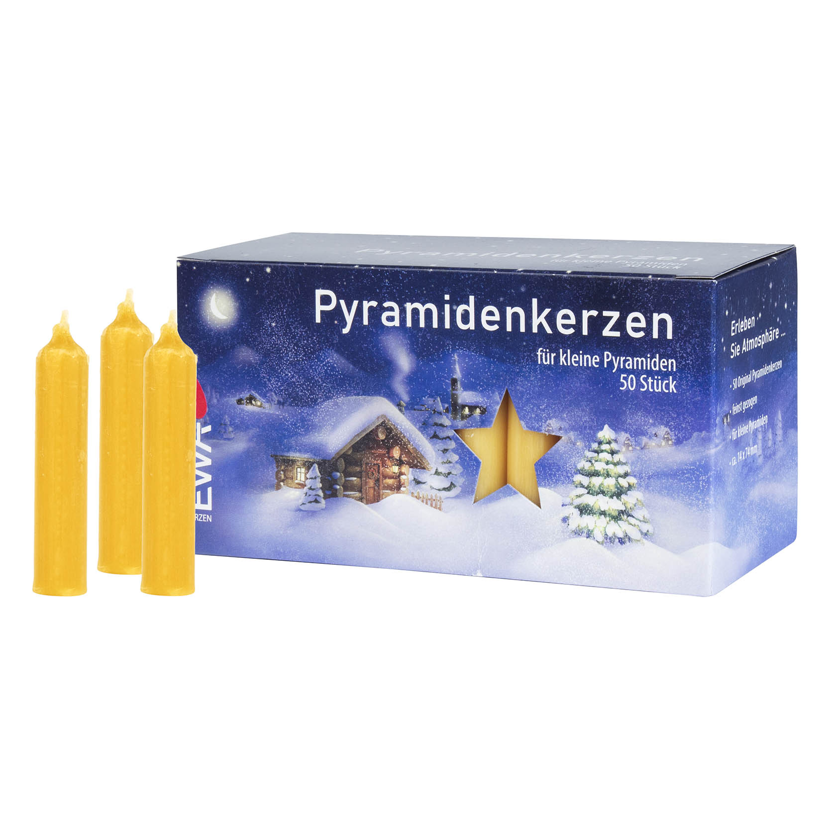 Drei honigfarbene Pyramidenkerzen vor einer Verpackung mit winterlichem Design, auf dem eine Hütte und Schneebäume abgebildet sind. im Dregeno Online Shop günstig kaufen