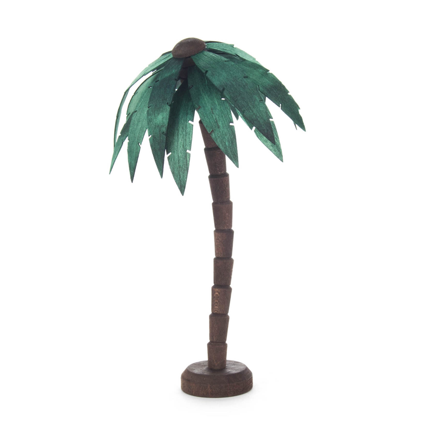 Eine kleine, dekorative Palme aus Holz. Der Stamm ist in braunen Rechtecken unterteilt, die Krone besteht aus grünen Blättern. im Dregeno Online Shop günstig kaufen
