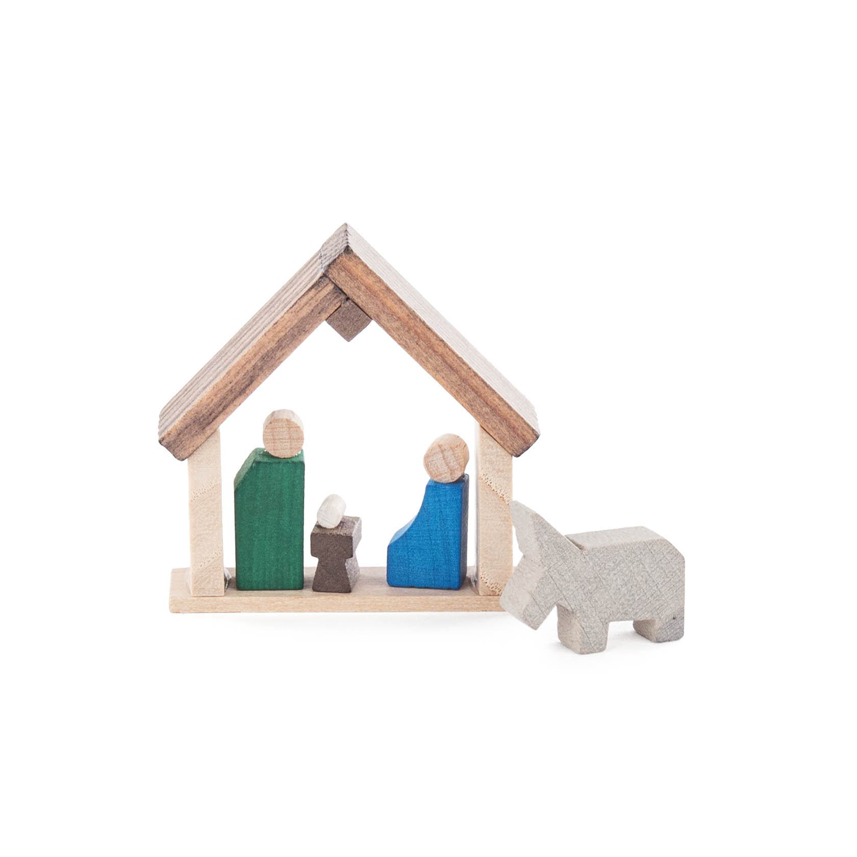 Kleine Weihnachtskrippe aus Holz, bestehend aus einem Holzstall mit drei stilisierten Figuren, die Maria, Josef und das Jesuskind darstellen. Ein Holzesel steht daneben. im Dregeno Online Shop günstig kaufen