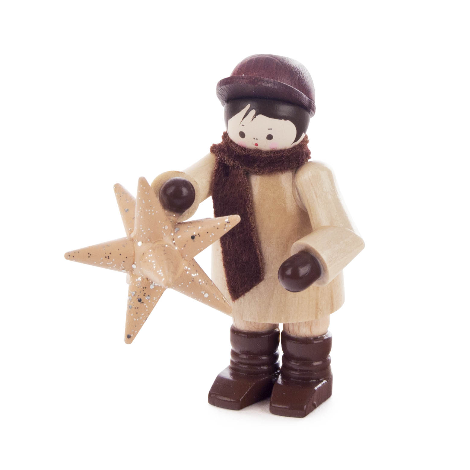Holzfigur eines Mannes in winterlicher Kleidung, der einen glitzernden, fünfzackigen Stern hält. im Dregeno Online Shop günstig kaufen